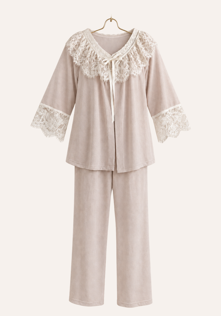 Long Sleeve Plain Lace Button Front Top And Pants And Robe With Lace Trim