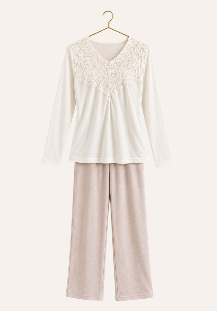 Long Sleeve Plain Lace Button Front Top And Pants And Robe With Lace Trim