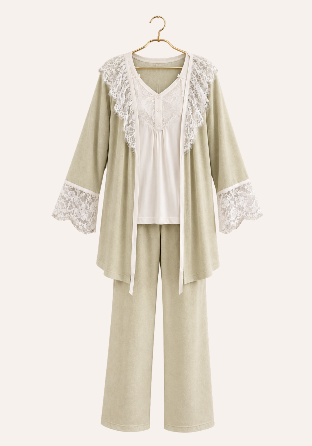 Long Sleeve Plain Lace Button Front Top And Pants And Robe With Lace Trim