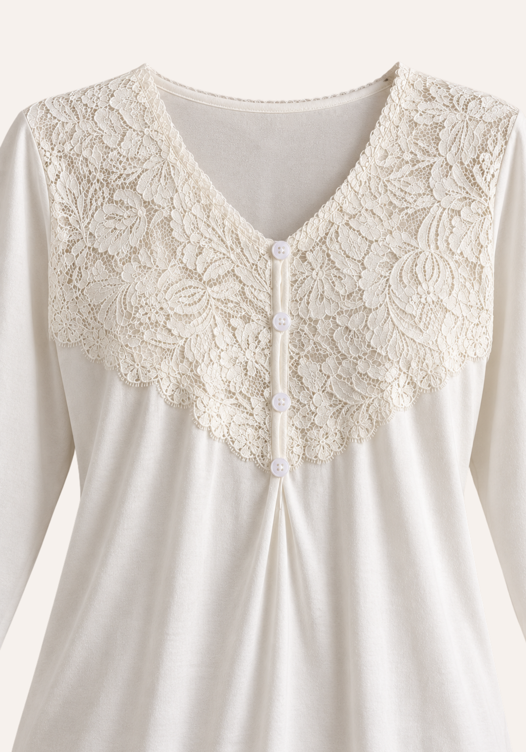 Long Sleeve Plain Lace Button Front Top And Pants And Robe With Lace Trim