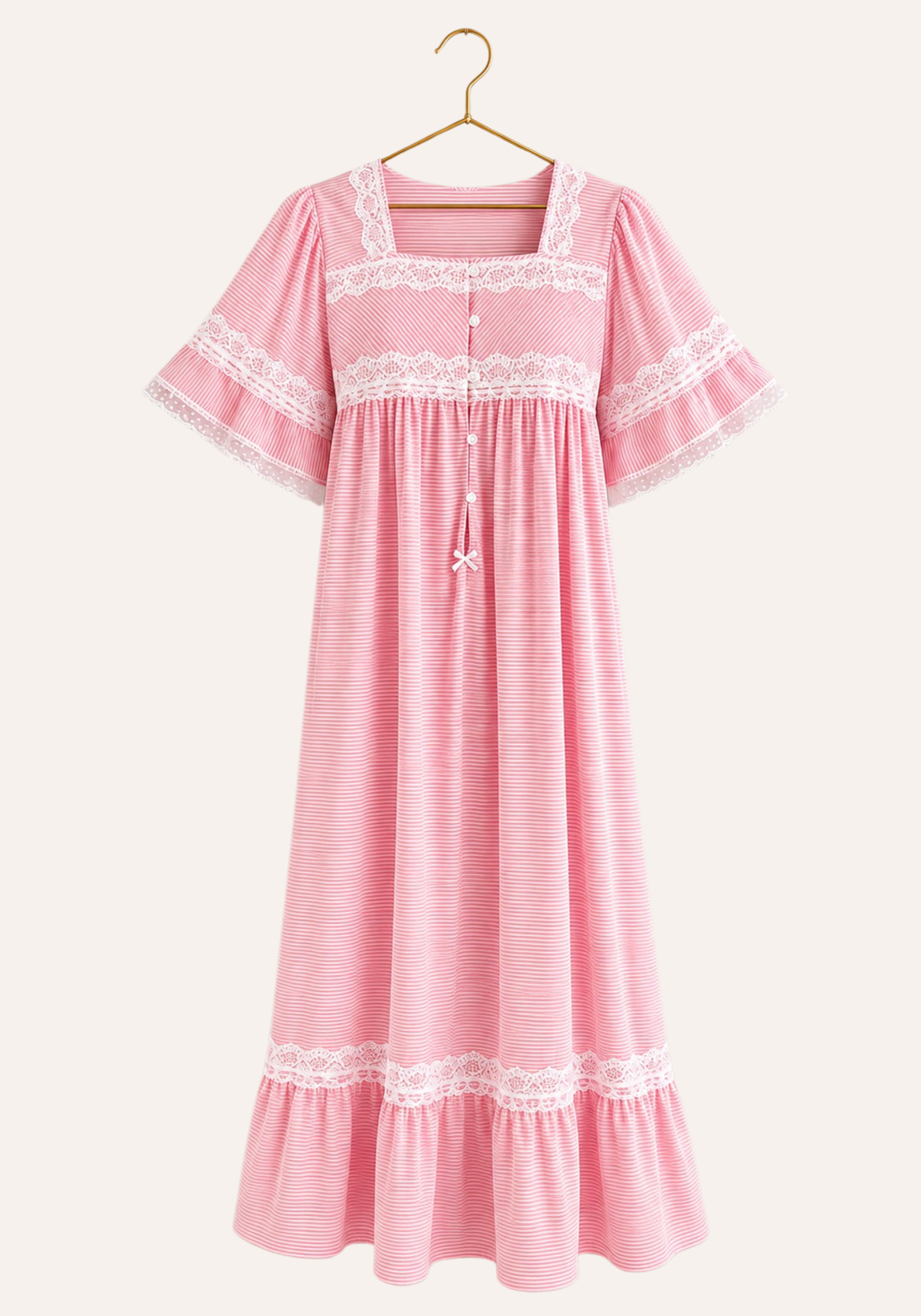Short-Sleeve Striped Nightgown With Lace Trims