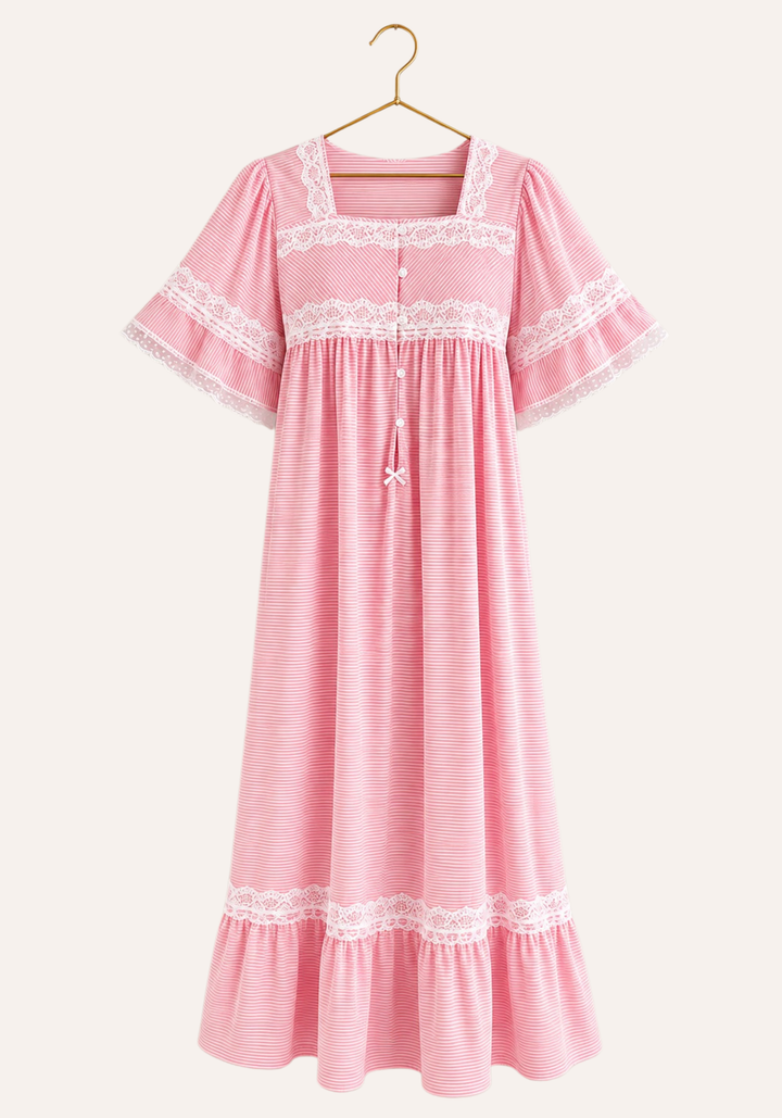 Short-Sleeve Striped Nightgown With Lace Trims