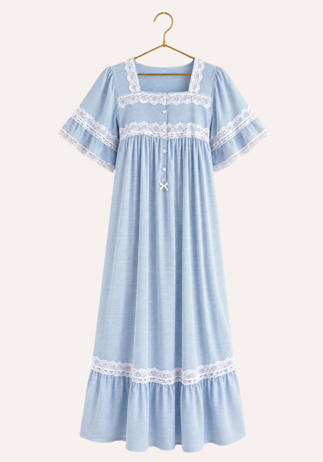 Short-Sleeve Striped Nightgown With Lace Trims