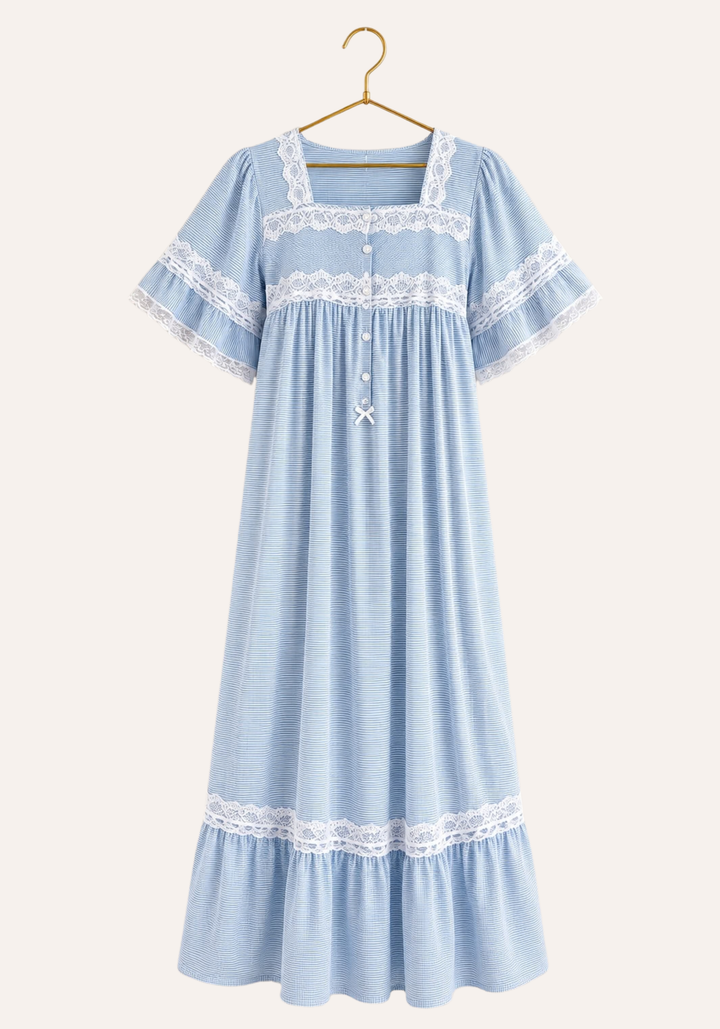 Short-Sleeve Striped Nightgown With Lace Trims