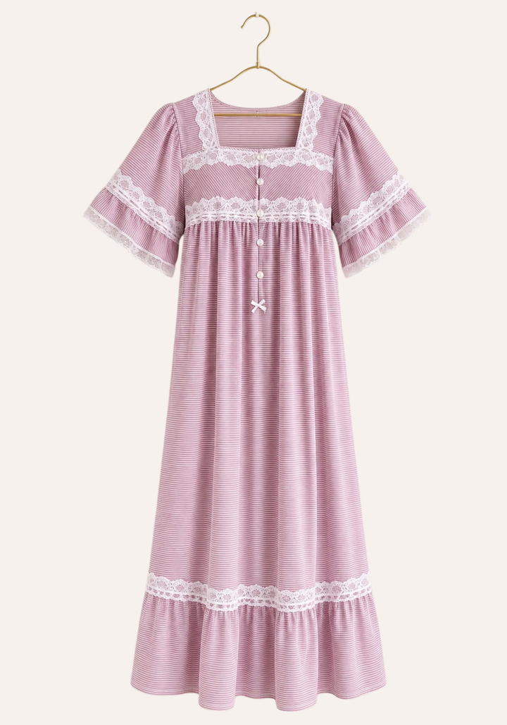 Short-Sleeve Striped Nightgown With Lace Trims