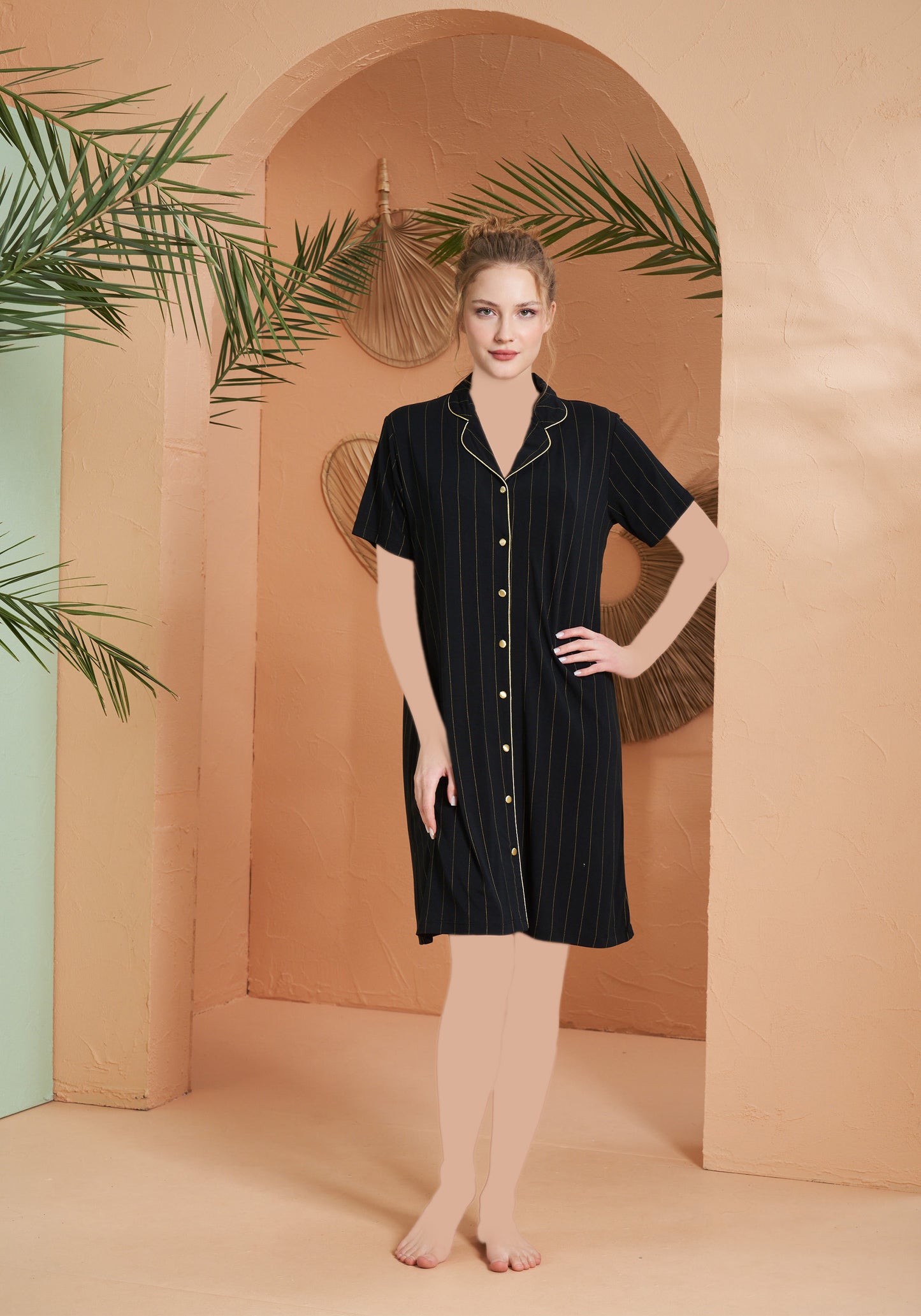 Viscose Lycra Striped Short Sleeve Collar Button Dress