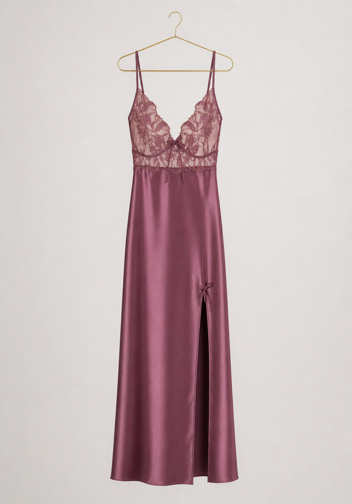 Satin Long Night Gown: Plain Shoulder Strap Full Frontal Lace Long Nighty