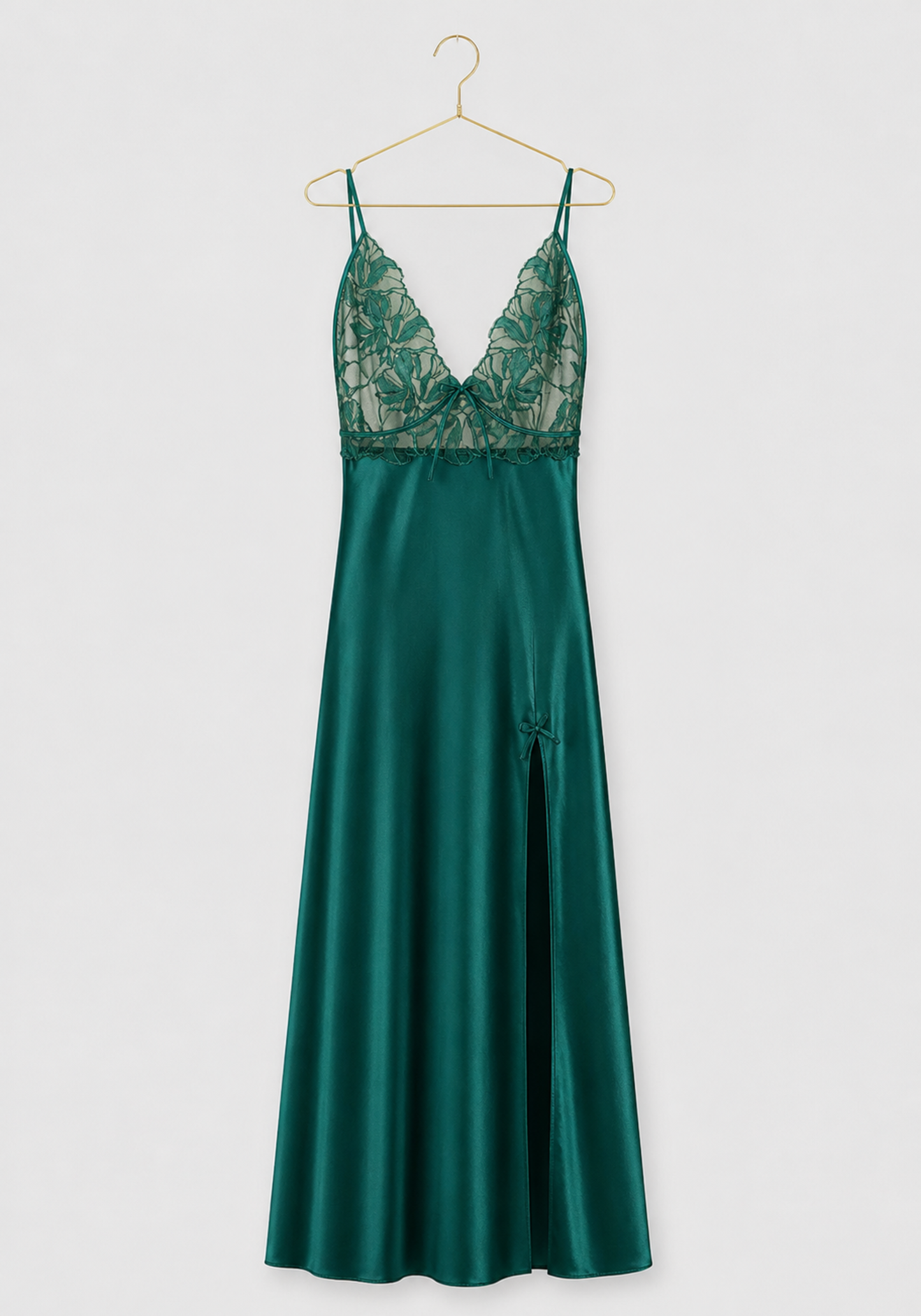 Satin Long Night Gown: Plain Shoulder Strap Full Frontal Lace Long Nighty