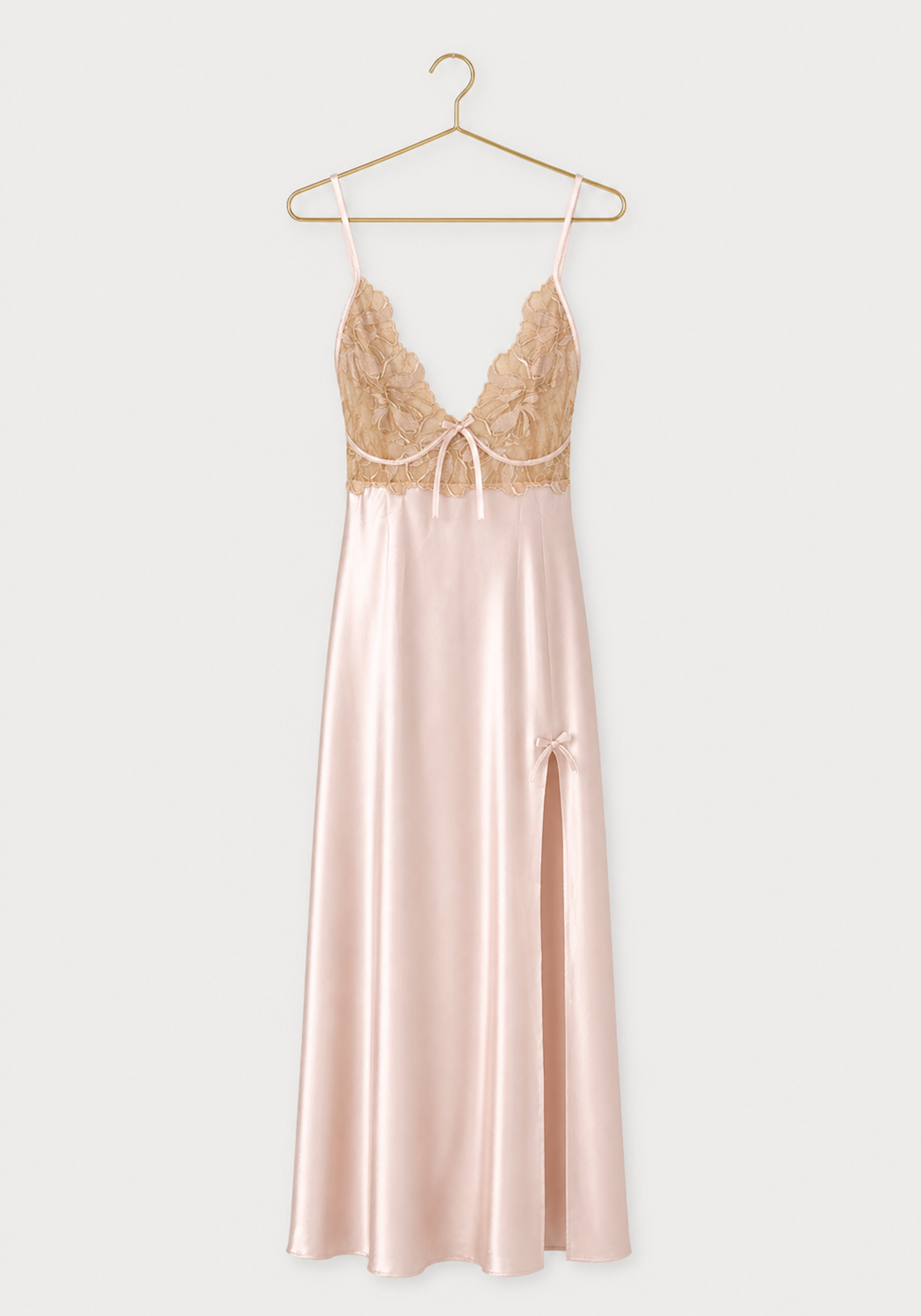 Satin Long Night Gown: Plain Shoulder Strap Full Frontal Lace Long Nighty