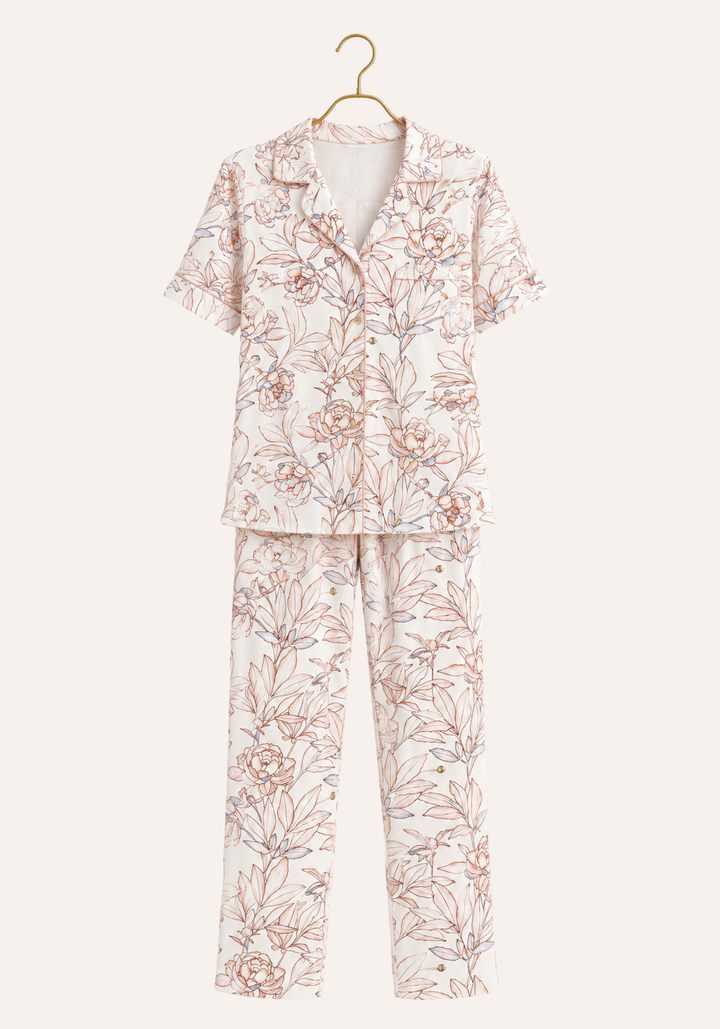 Floral Print Collar Button Short Sleeve Pajamas