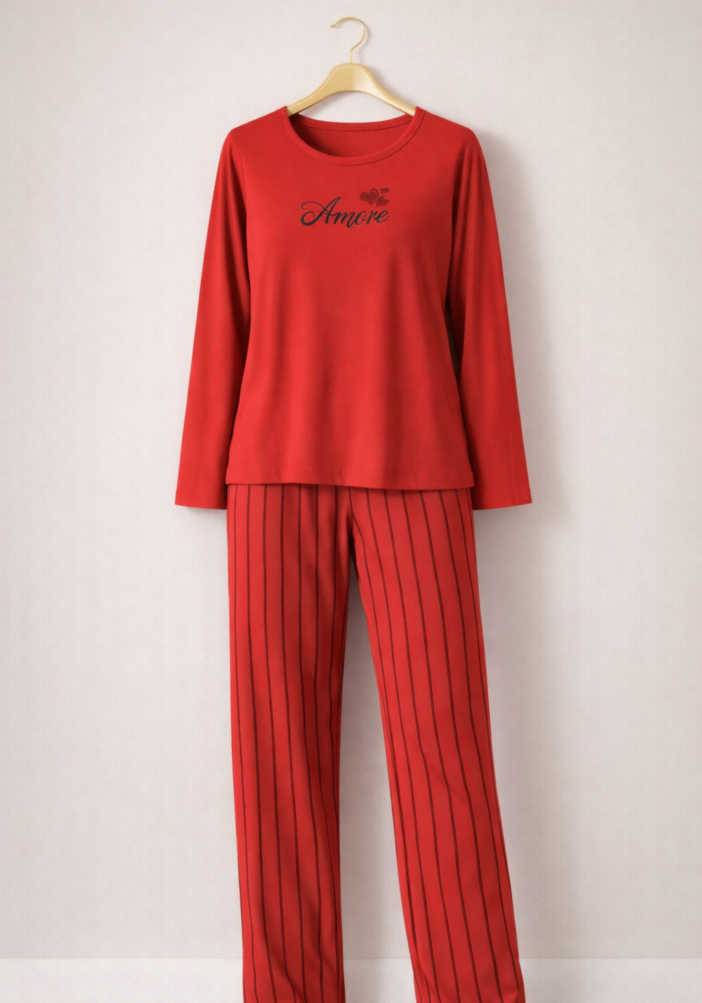 Long Sleeve Pajamas: Plain Top And Striped Pants (Pvis Els)