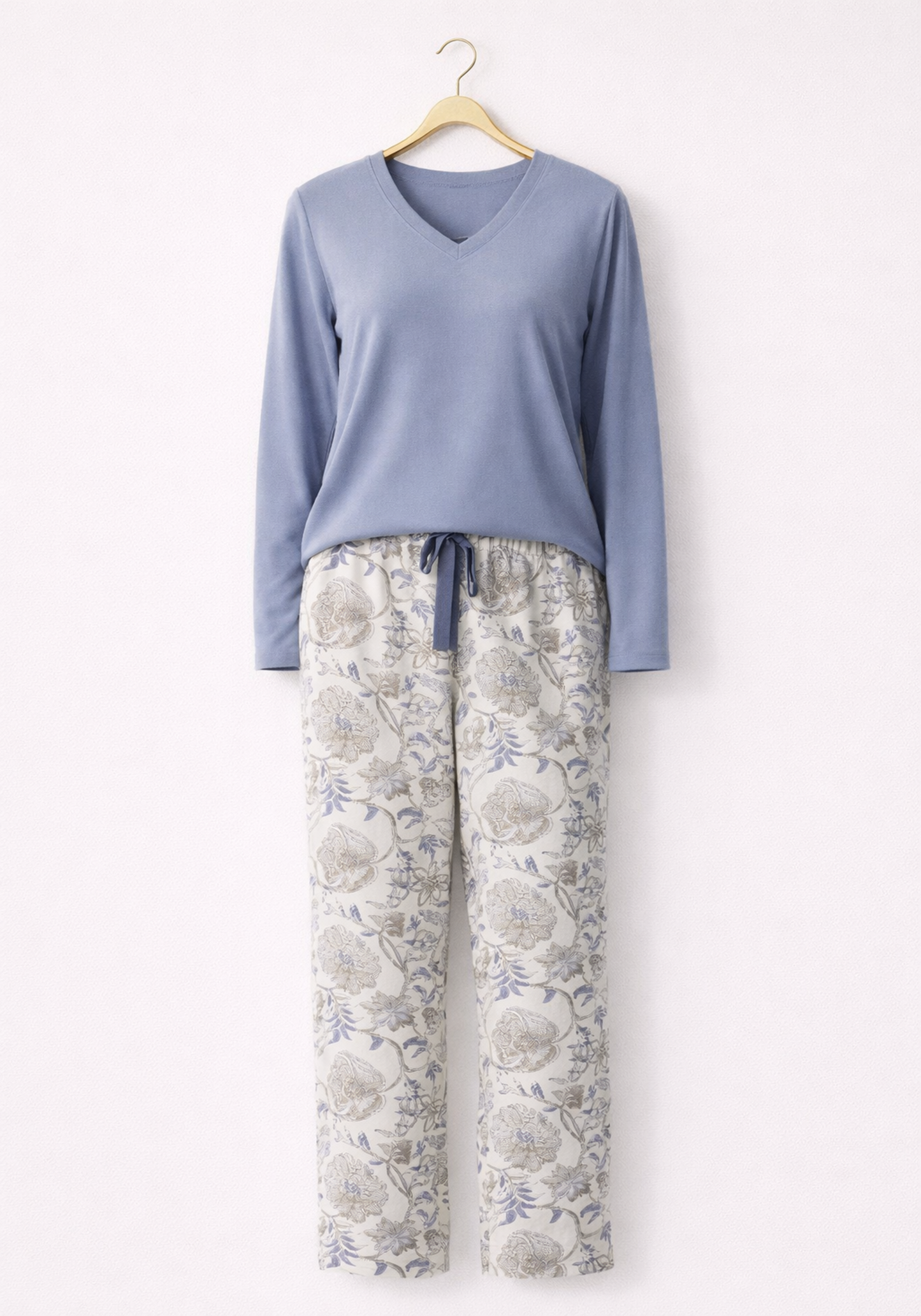 Long Sleeve Pajamas (Plain Top Pes Vis Els, Printed Pants Vis Pes)
