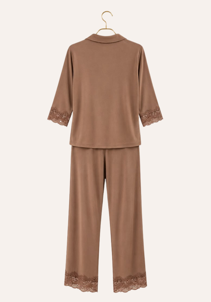 Collar Button Long Sleeve Top And Pants With Lace Details Pajamas