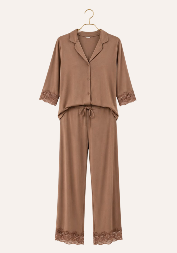 Collar Button Long Sleeve Top And Pants With Lace Details Pajamas