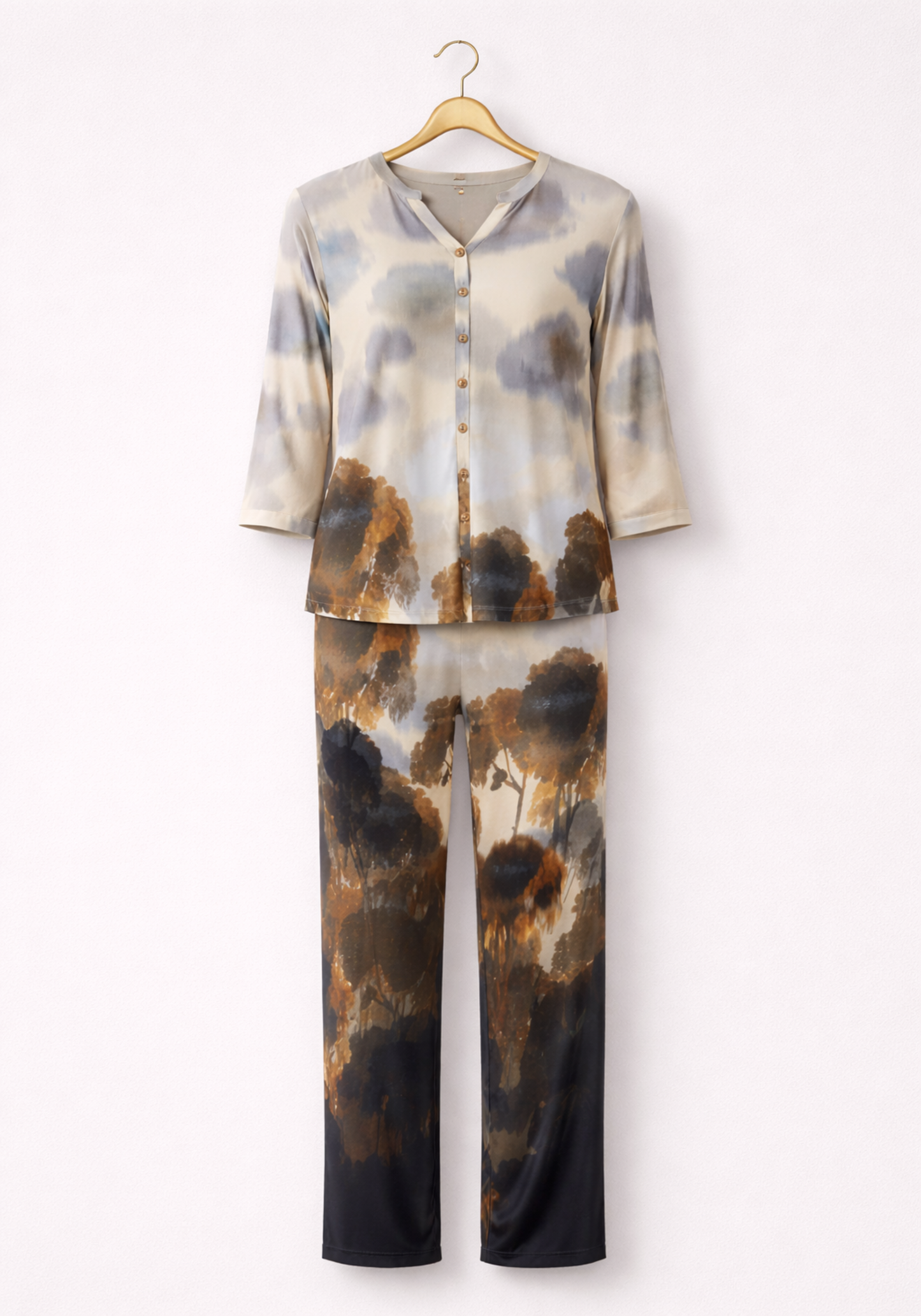 Button Long Sleeve Fully Printed Pajamas (Vis Els)