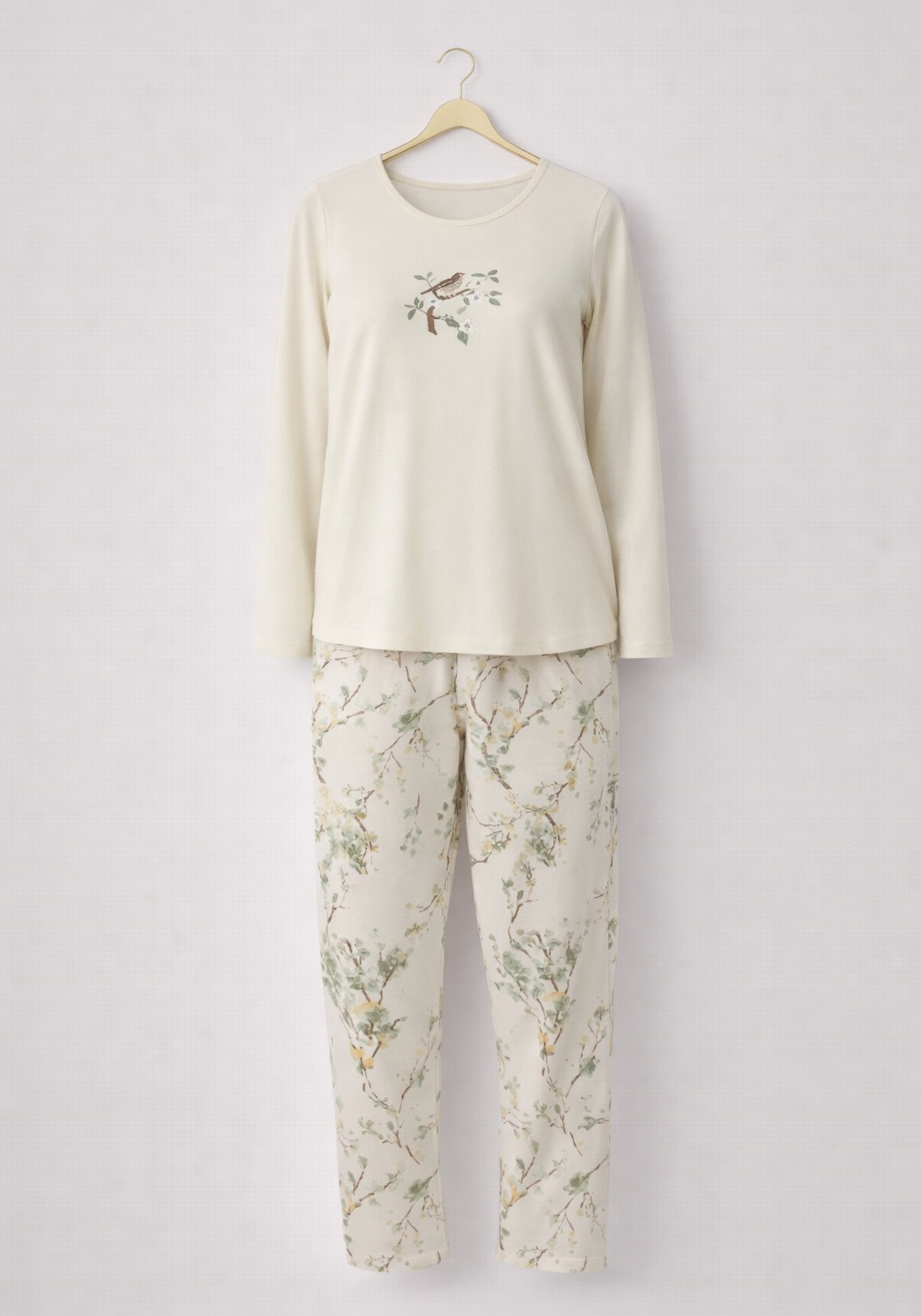 Long Sleeve Pajamas: Plain Top And Printed Pants (100% Cotton)