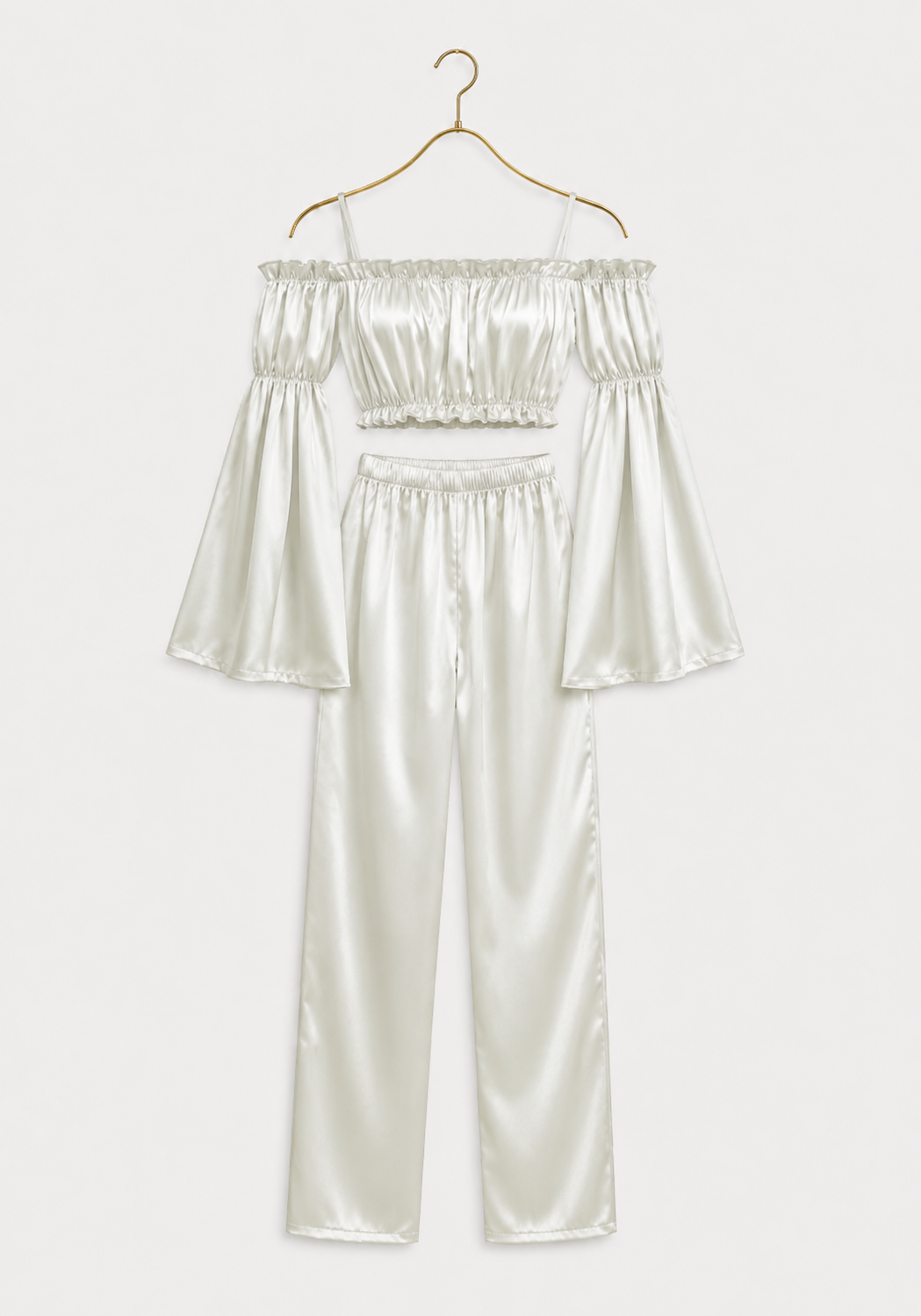LNGR Satin Full Shoulder Sleeve Bra And Pant Set