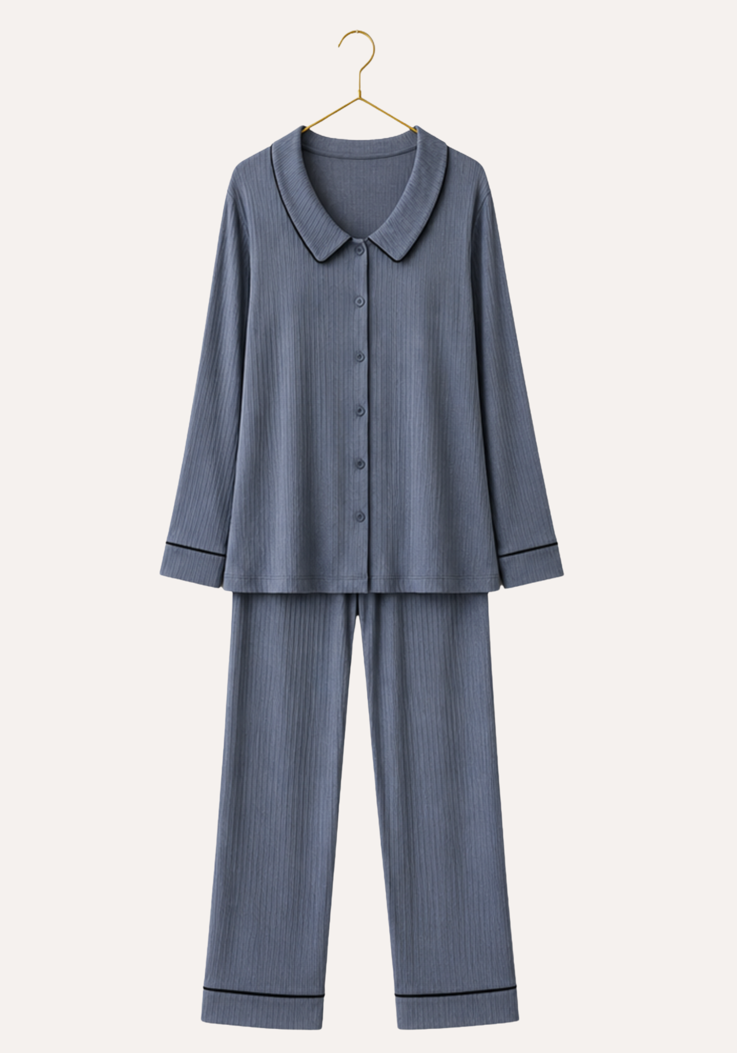 Plain Chords Collar Button Long Sleeve Pajamas