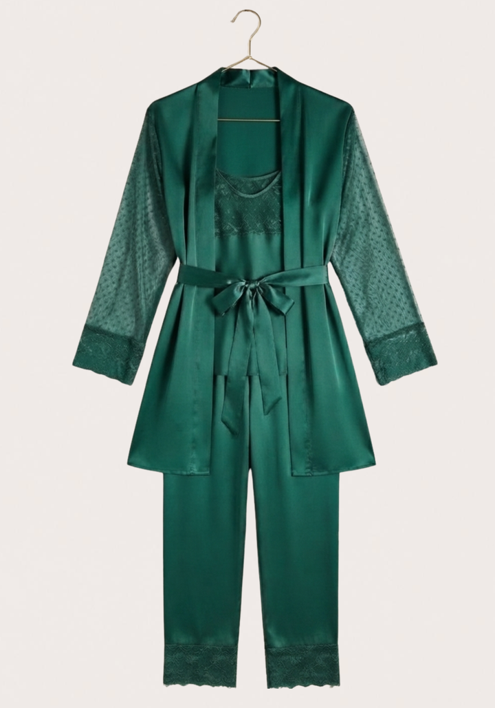 Satin 3 Pieces Set: Sleeveless Top And Plain Pant And Kimono All With Lace Detail
