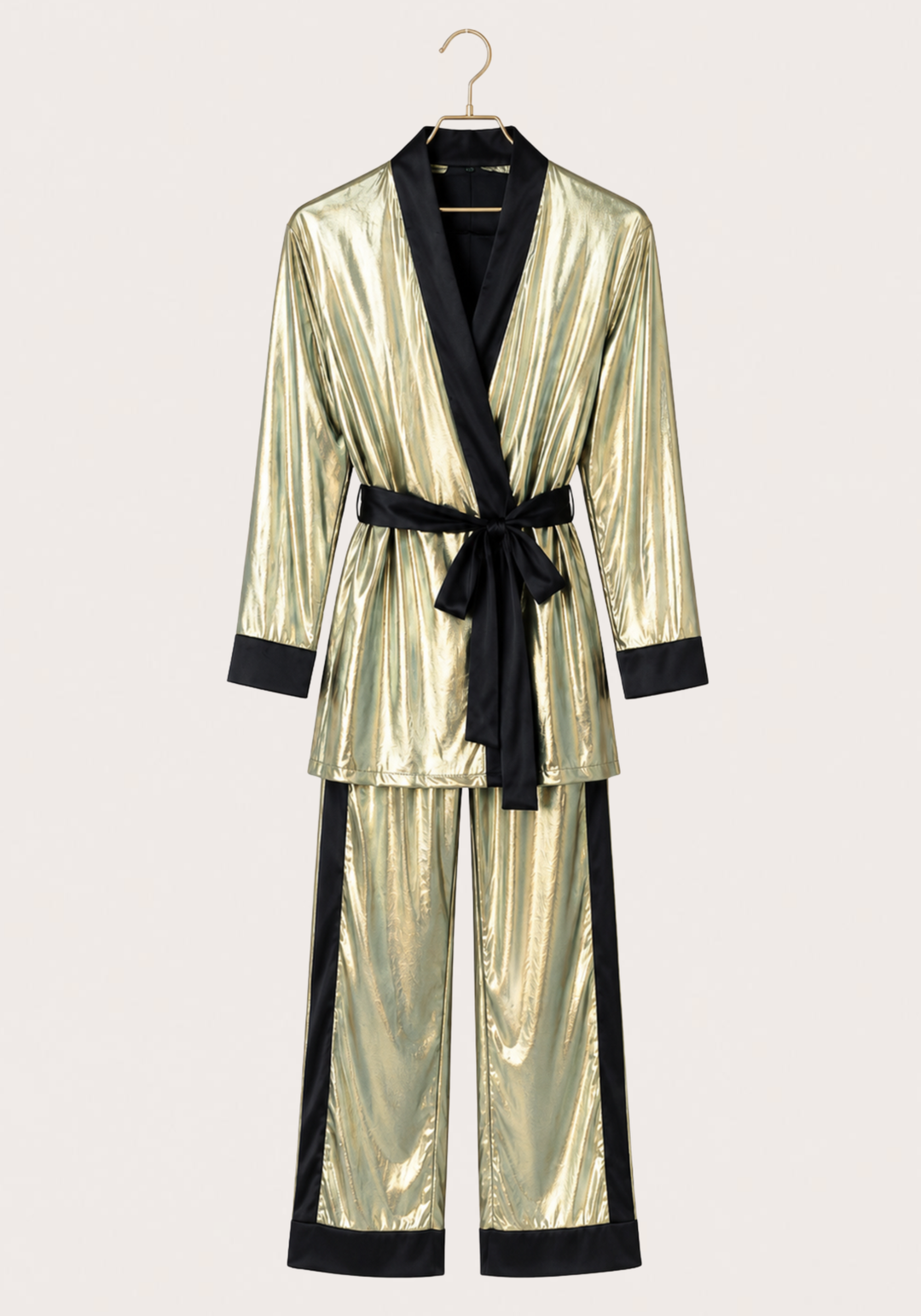 3 Pieces Pajamas: Disko Long Sleeves Short Robe And Pants And Satin Crop Tank Top