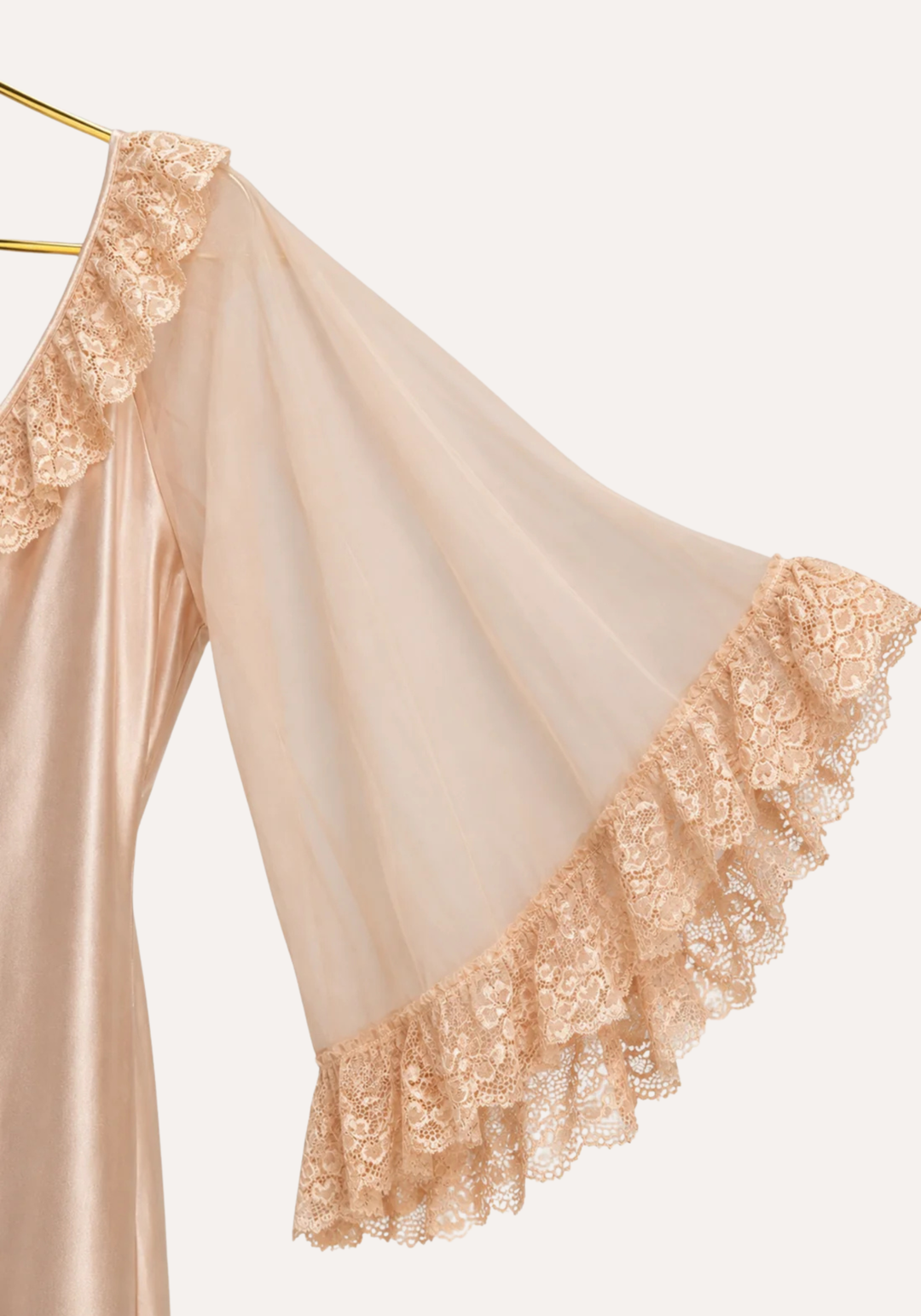 Long Chiffon Sleeve Long Satin Gown With Dantel Detail