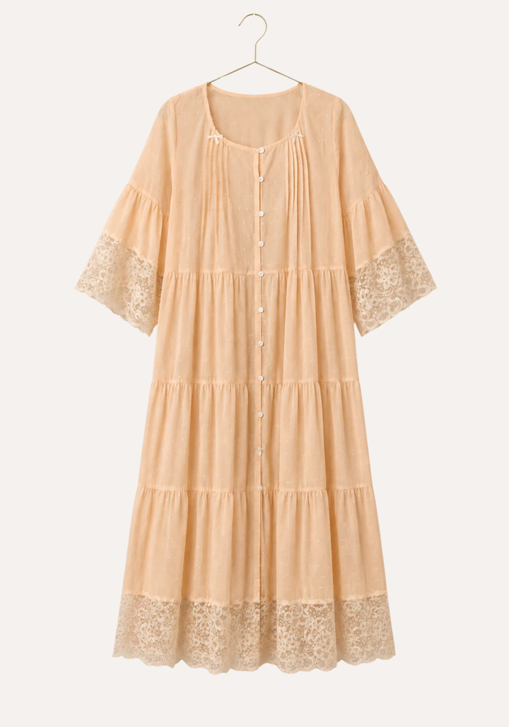 Woven Viscose Long Sleeves Midi Nighty With Front Buttons And Lace Detail