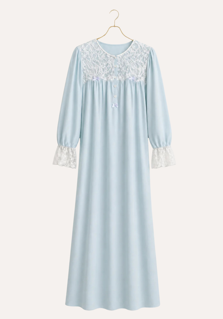 Woven Viscose Long Sleeves Long Nighty With Dantel In The Front &amp; Sleeves With Buttons