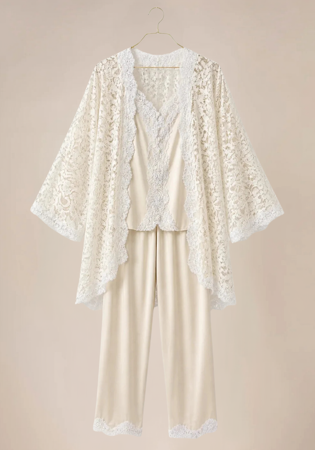 Bridal 3 Pieces Pajamas: Full Dantel Short Robe And Sleeveless Satin Top With Buttons And Pants With Lace Details