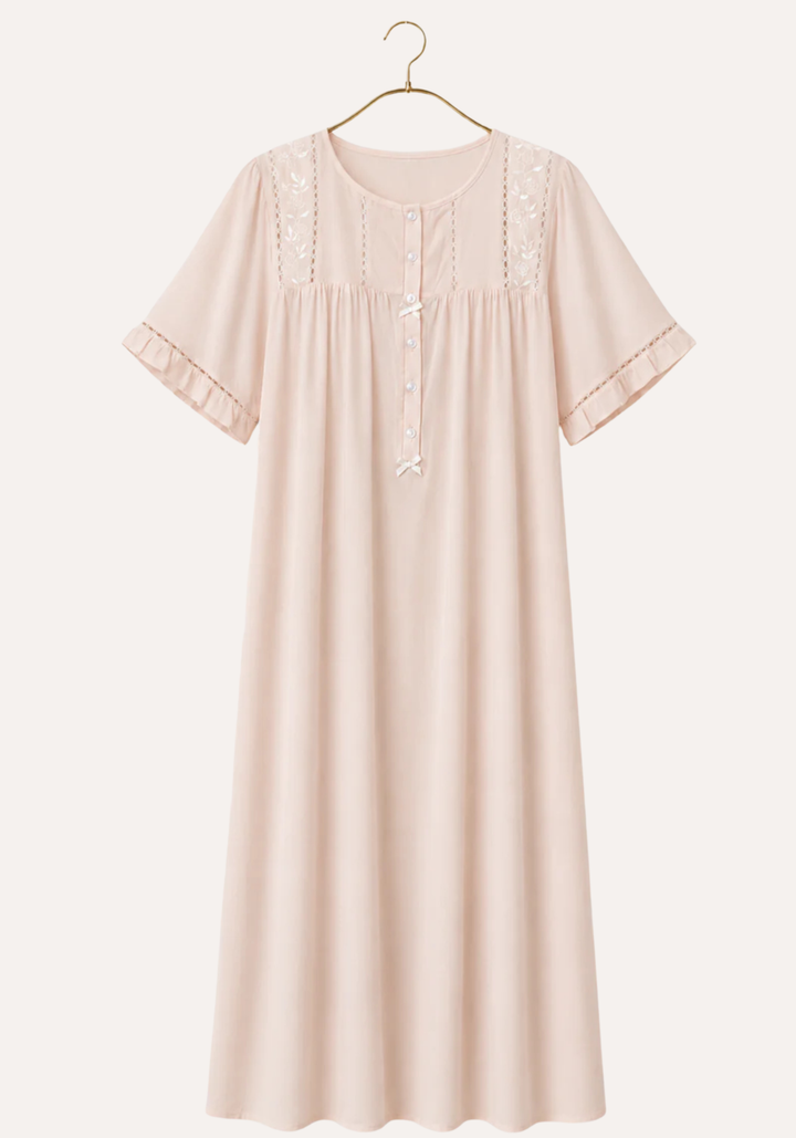 Long Gown: Woven Viscose Short Sleeves Long Nighty With Buttons And Embroidery Details