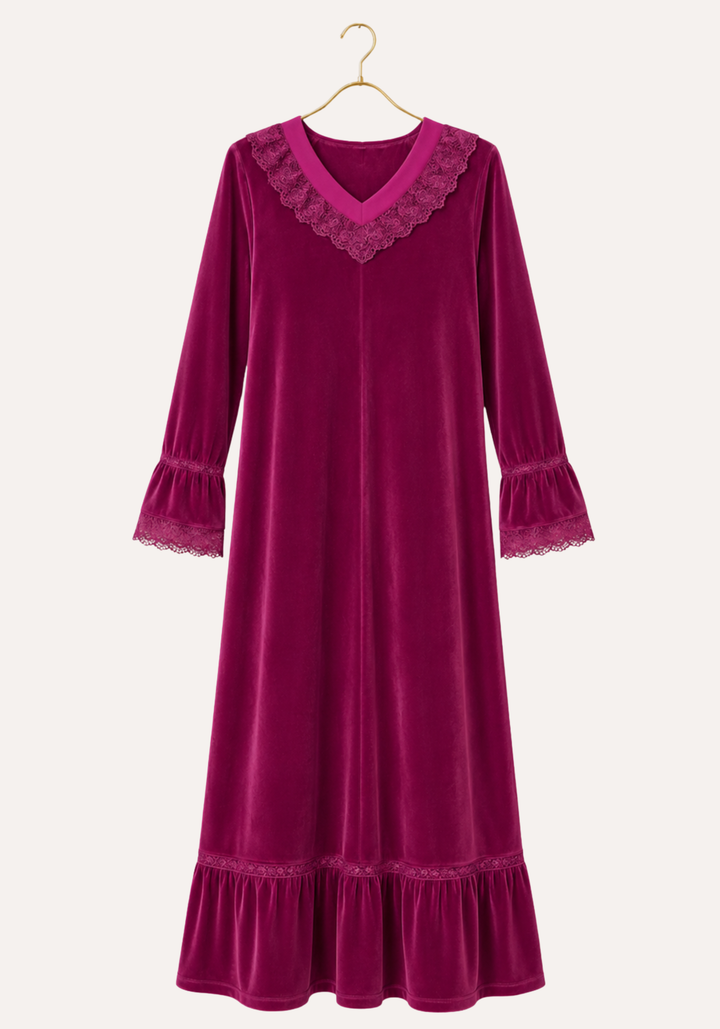 Velour Long Gown With Lace