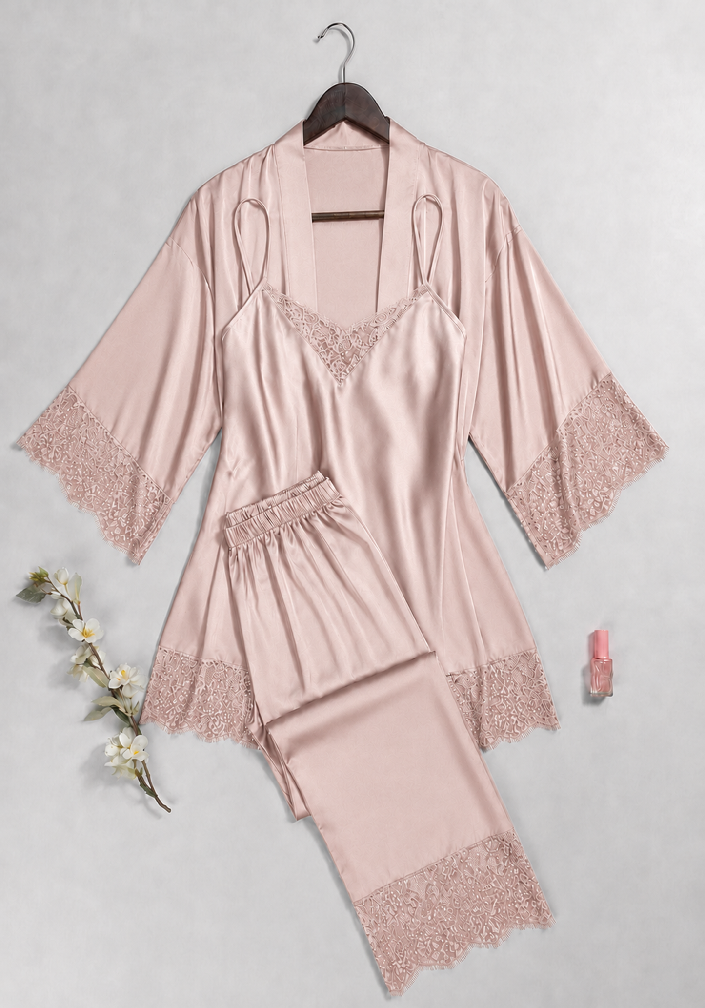 Lingerie 3 Pieces Set: Satin Plain Strap Top And Satin Plain Pants And Kimono With Dantel