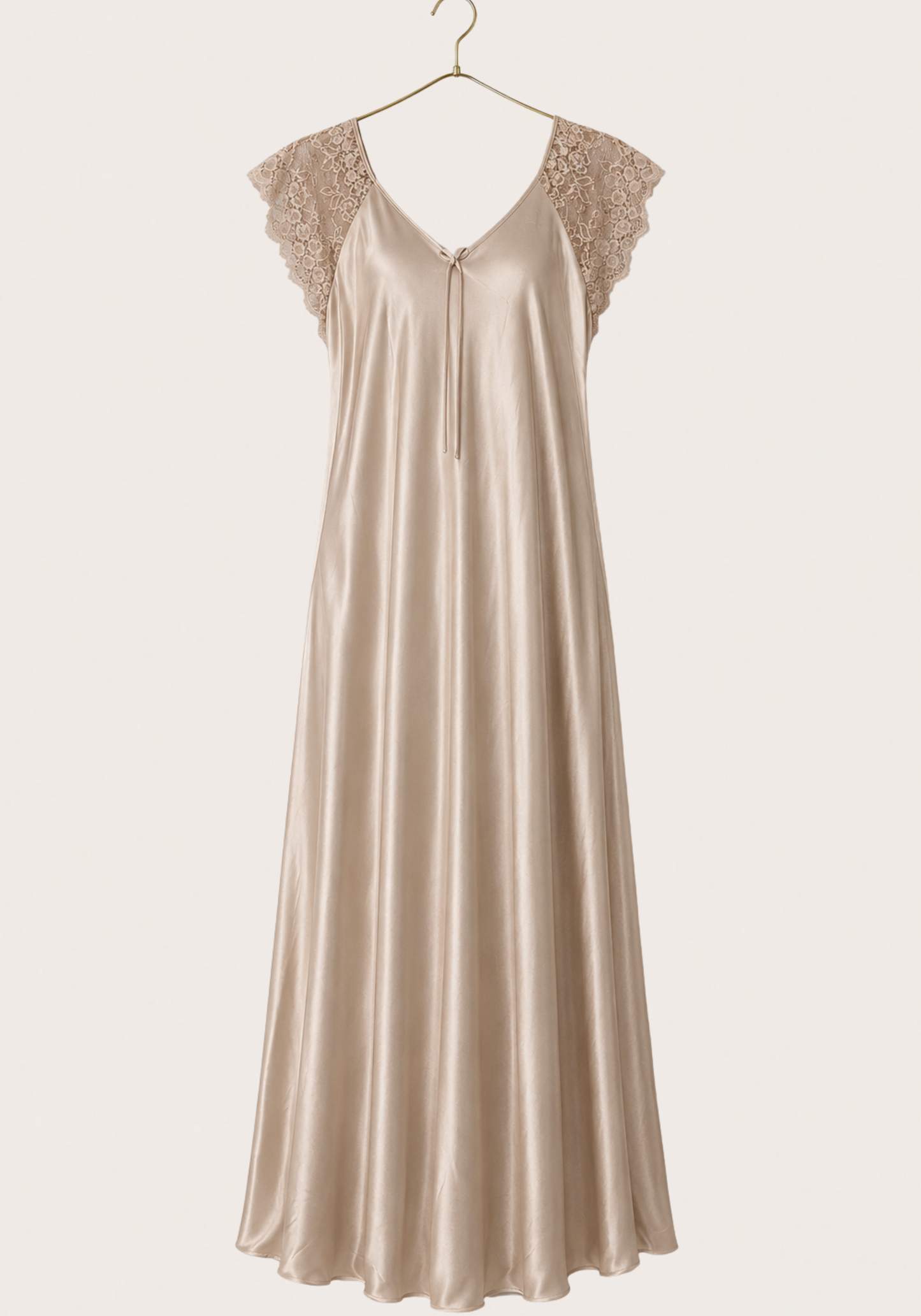 Mega Sleeve Satin Long Gown With Lace Detail And Satin Panty