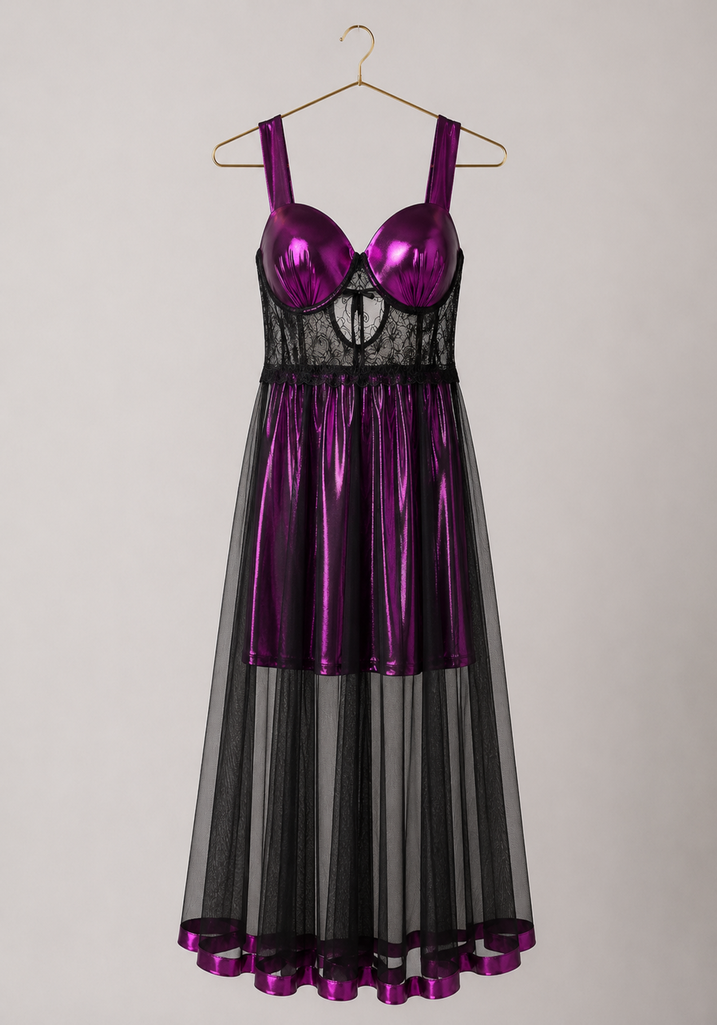 Long Gown: Disko Shoulder Band Padded Cup Dantel Underneath Disko Babydoll With Long Toulle Over It