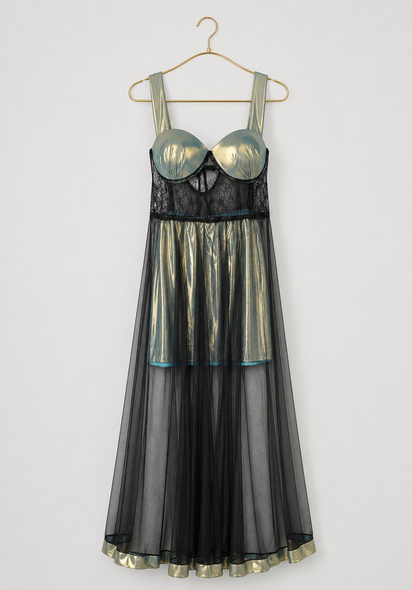 Long Gown: Disko Shoulder Band Padded Cup Dantel Underneath Disko Babydoll With Long Toulle Over It