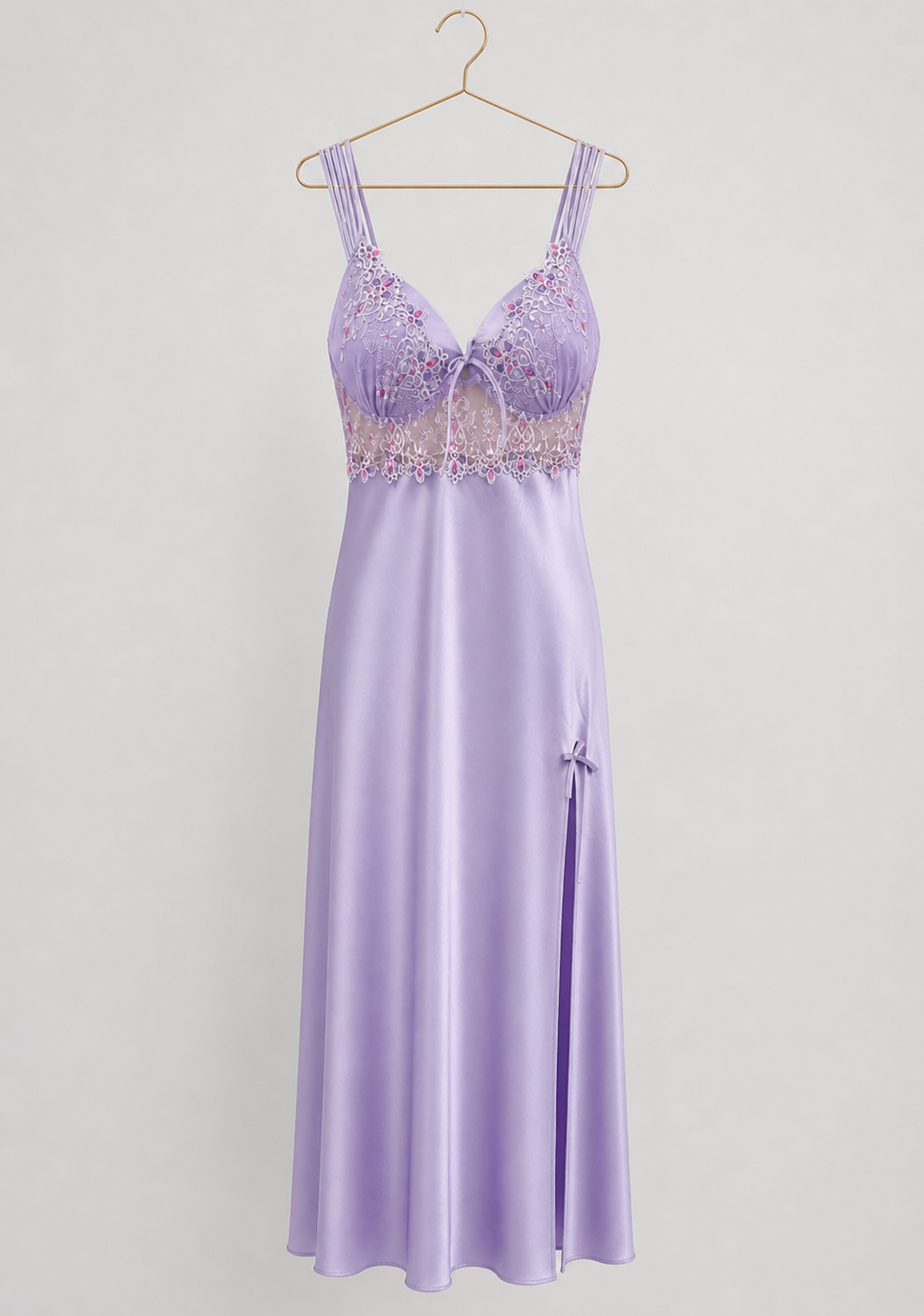 Satin Long Night Gown: Plain Shoulder Strap Lace Cups Long Nighty With Side Opening