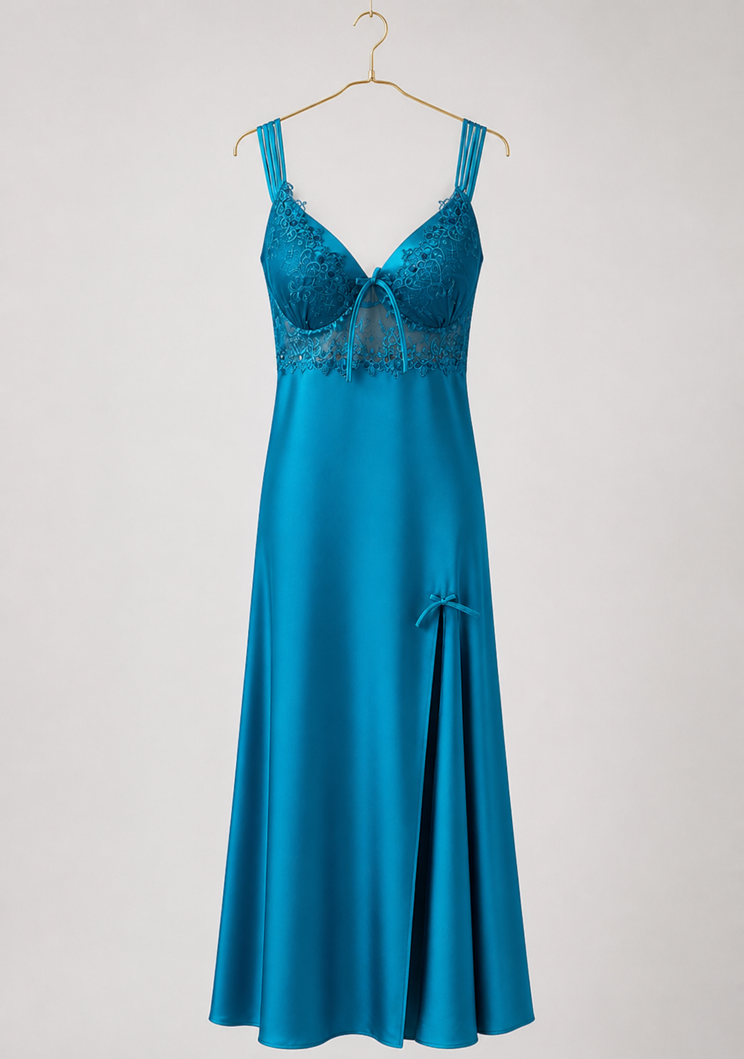 Satin Long Night Gown: Plain Shoulder Strap Lace Cups Long Nighty With Side Opening