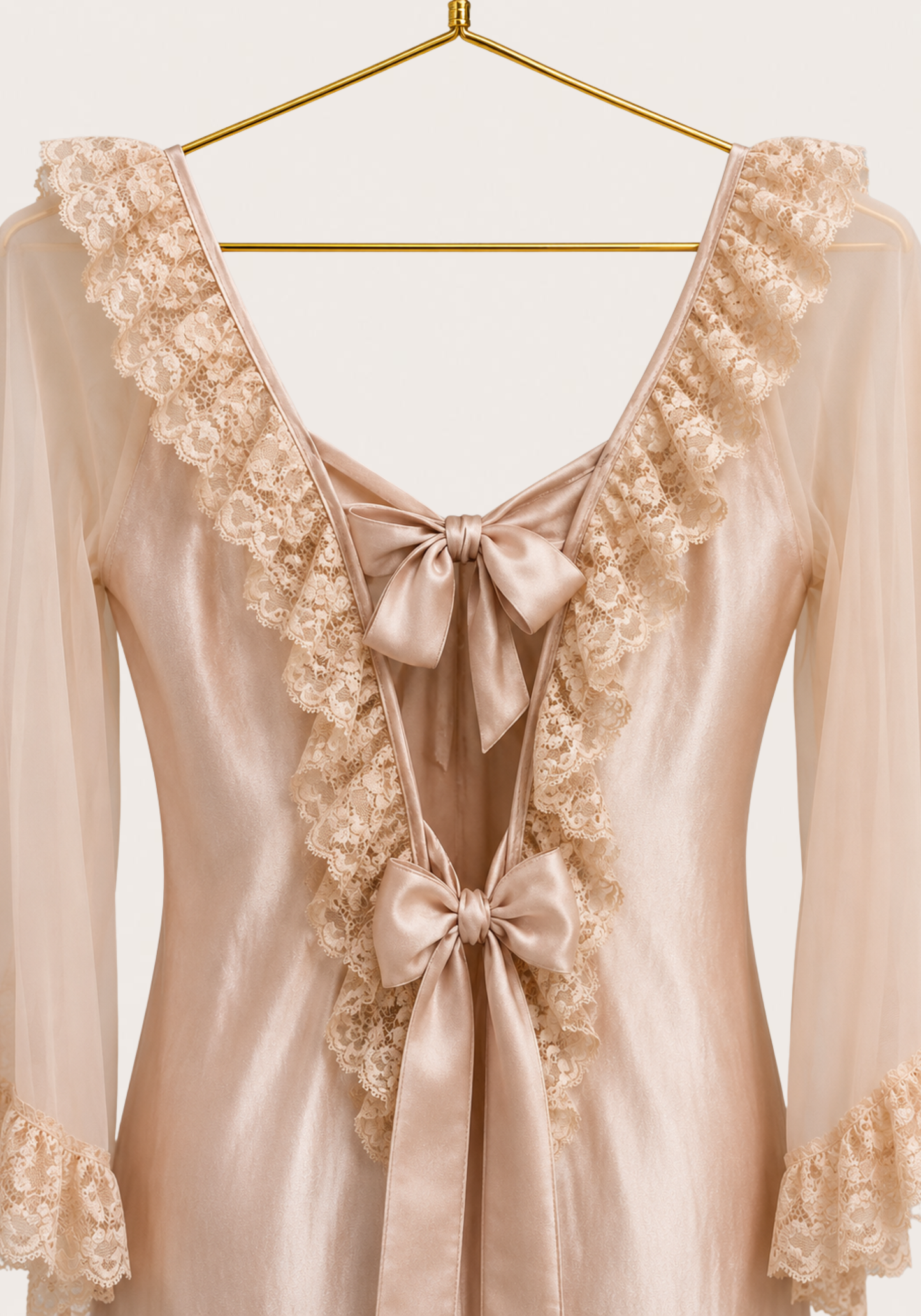 Long Chiffon Sleeve Long Satin Gown With Dantel Detail