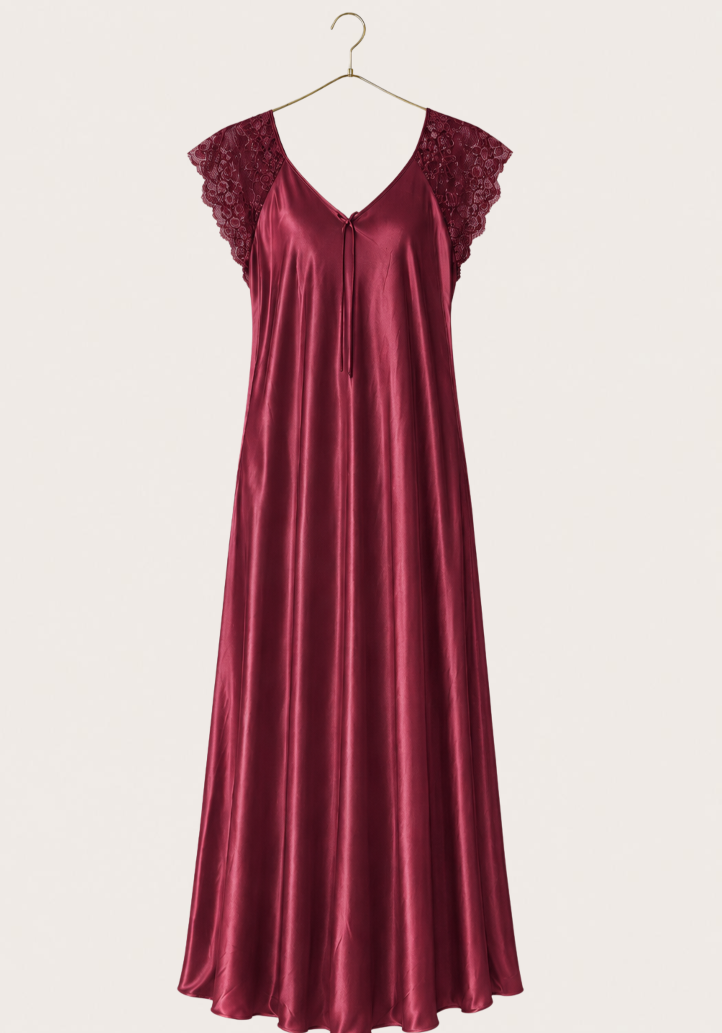 Mega Sleeve Satin Long Gown With Lace Detail And Satin Panty