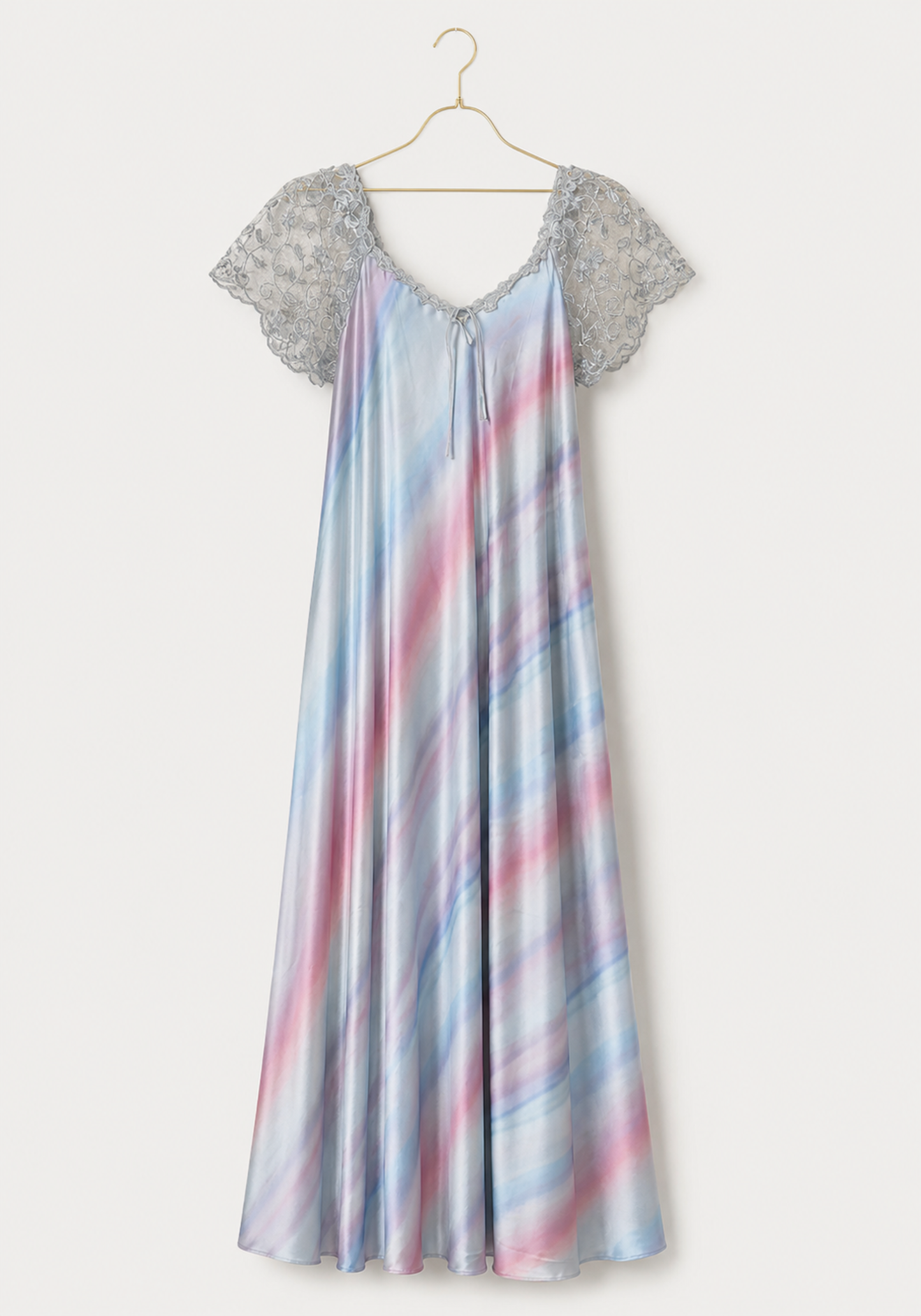 Long Gown: Lace Mega Sleeve With Shoulder Strap Printed Satin Long Nighty
