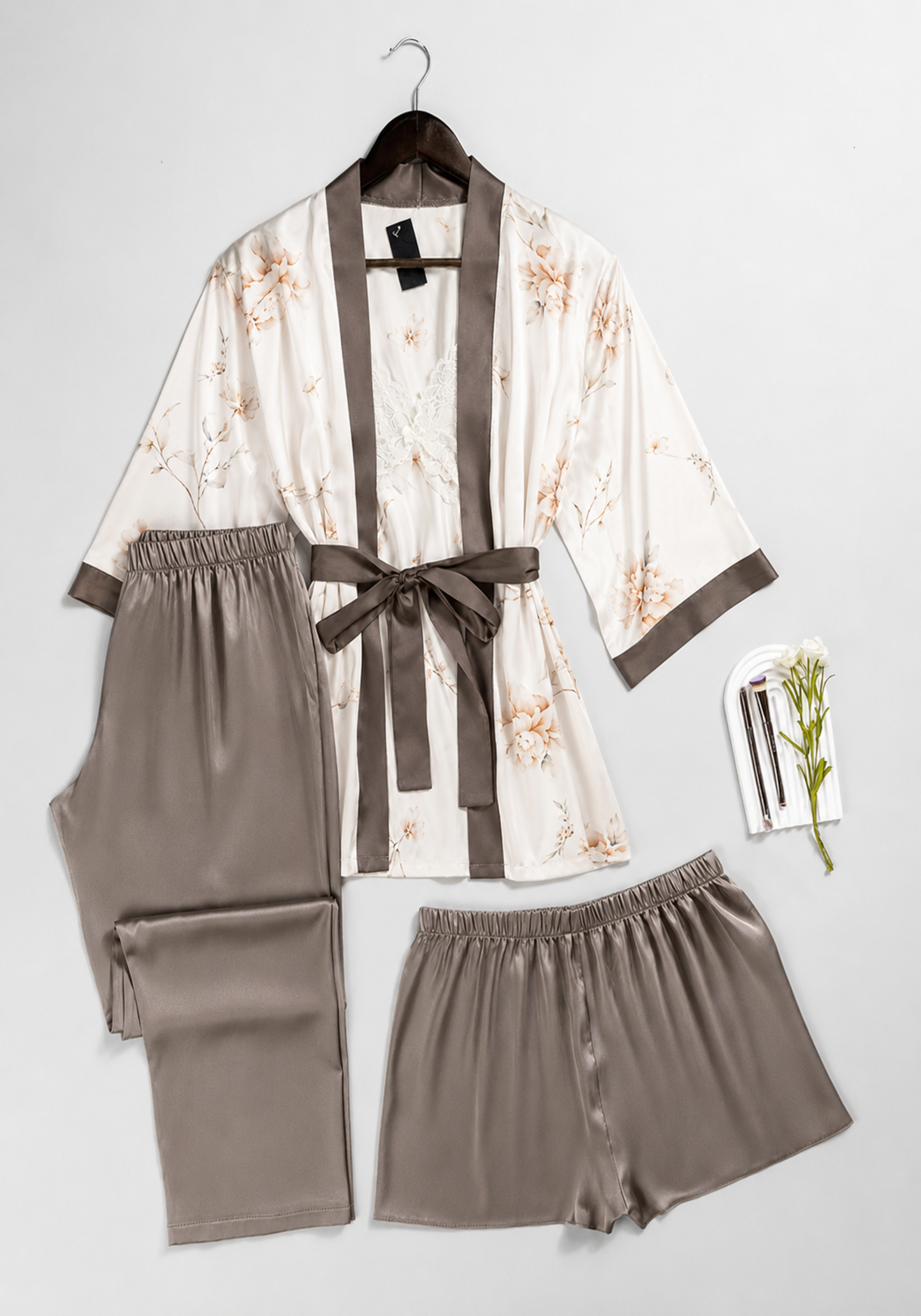 Lingerie 4 Pieces Set: Satin Print Strap Top With Lace And Plain Shorts And Pants And Floral Print Kimono
