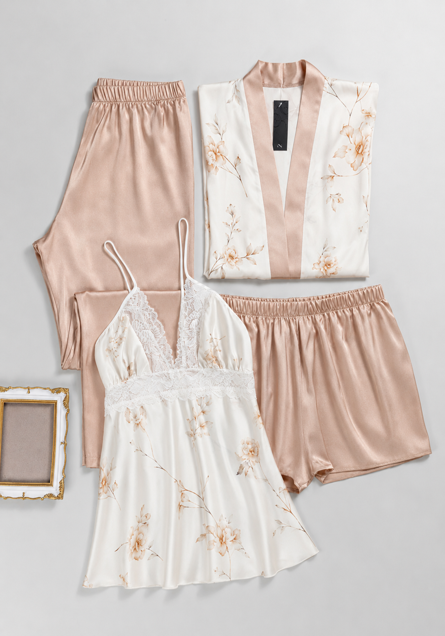 Lingerie 4 Pieces Set: Satin Print Strap Top With Lace And Plain Shorts And Pants And Floral Print Kimono