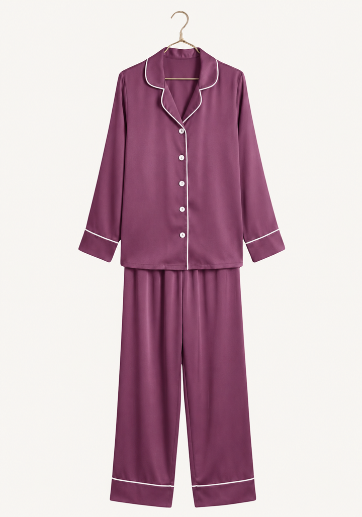 Plain Collar Button Long Sleeve Pant Pajama