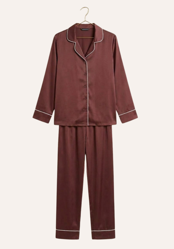 Plain Collar Button Long Sleeve Pant Pajama