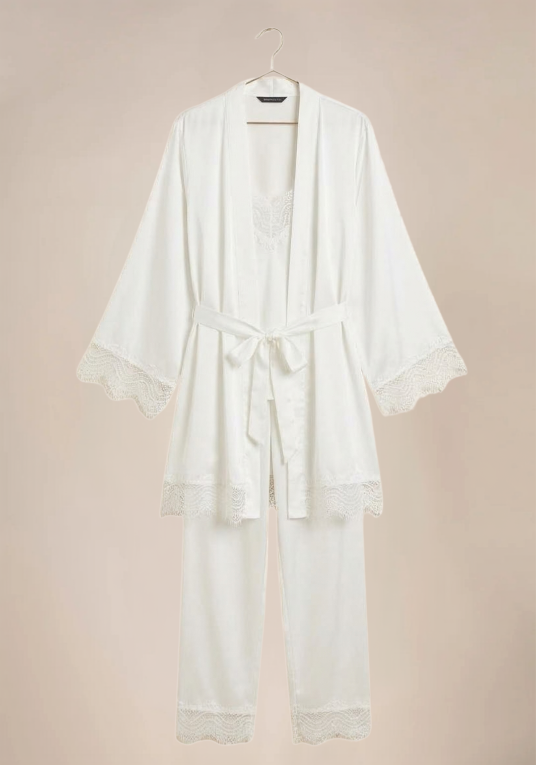 3 Pieces Set: Lace Detailed Strap Top And Pant And Kimono
