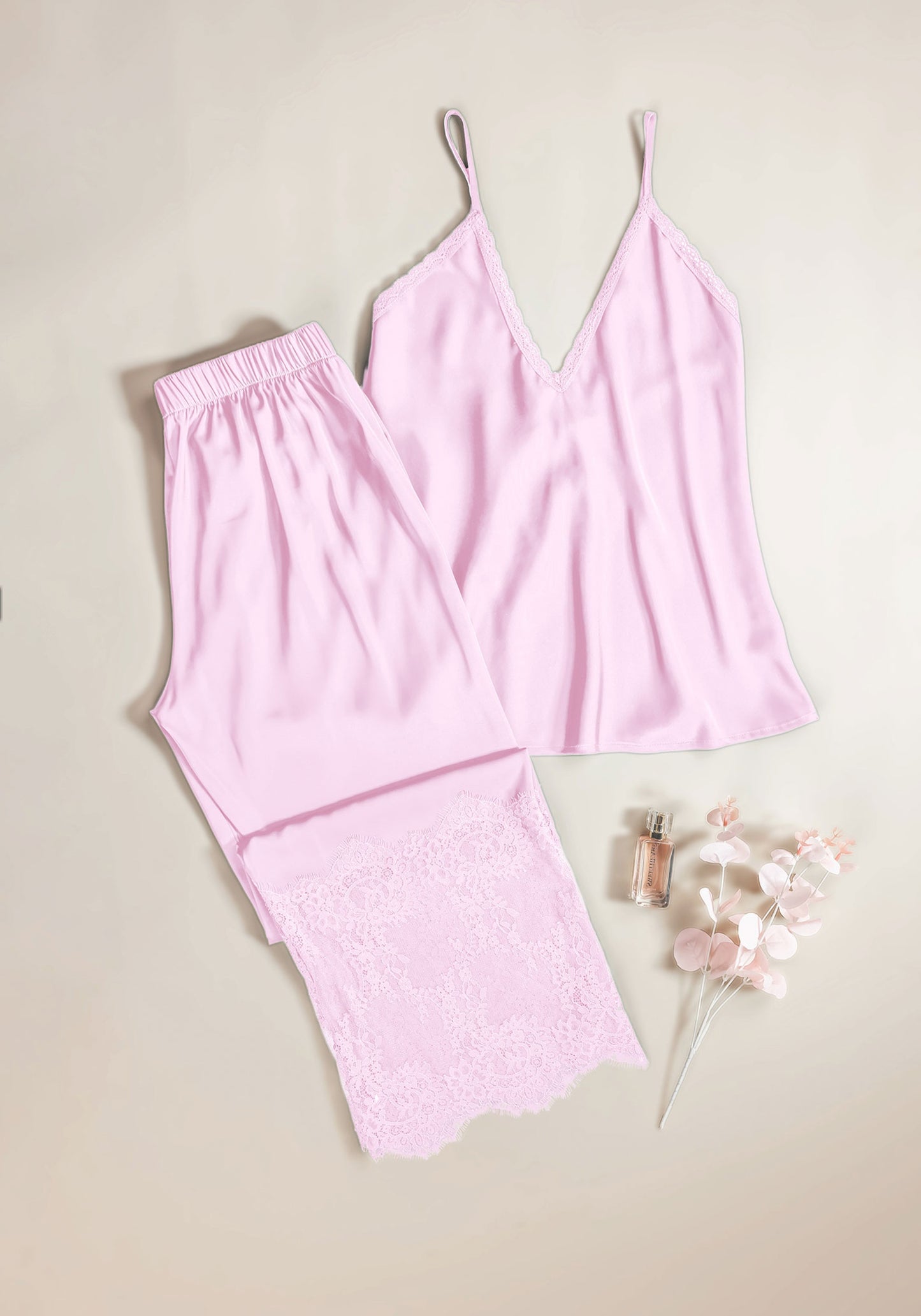 Satin Pajama: Shoulder Strap Top And Lace Detail Pant