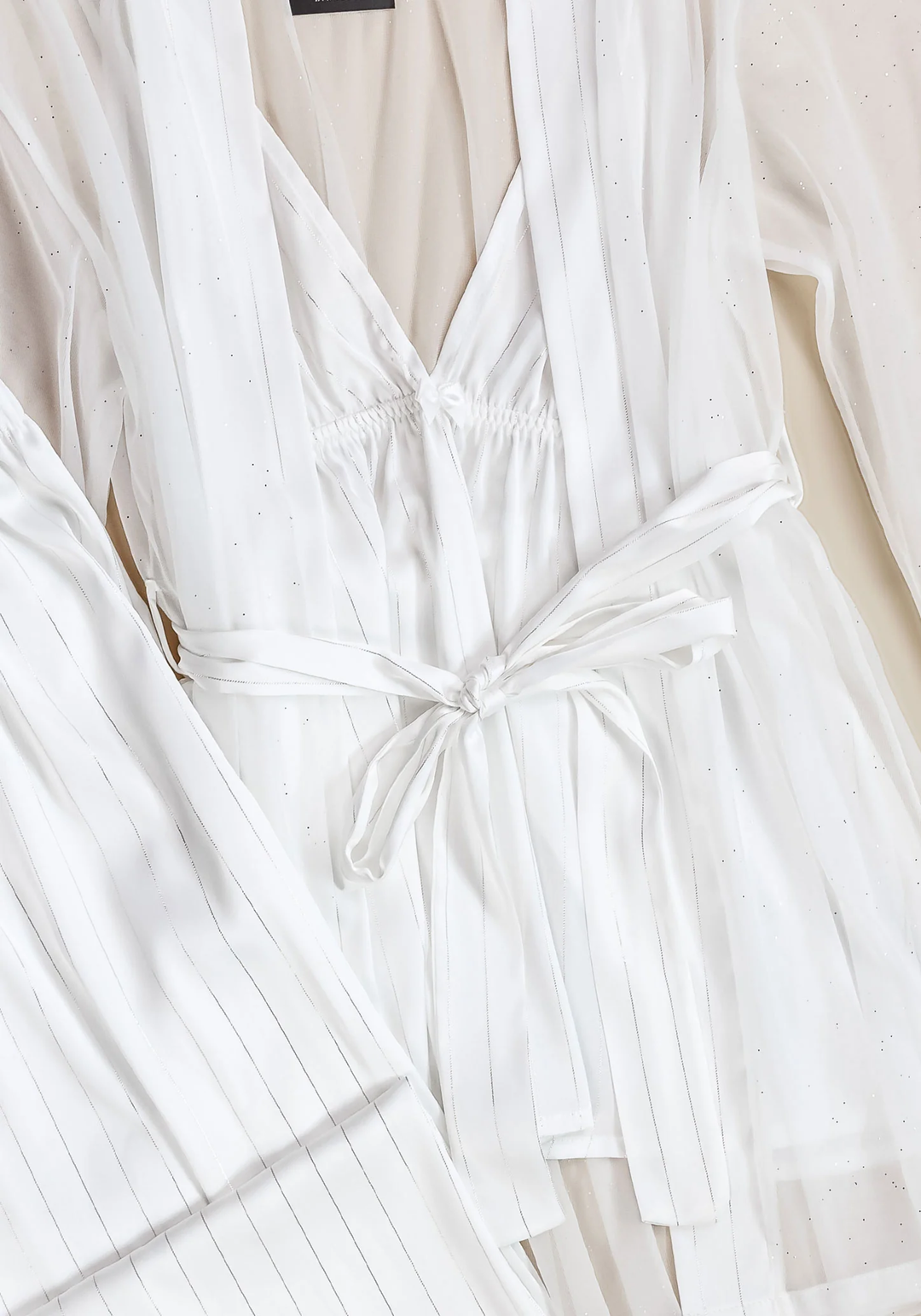 Bridal 3 Pieces Pajama: Satin Striped Strap Top And Pant And Schiffon Kimono