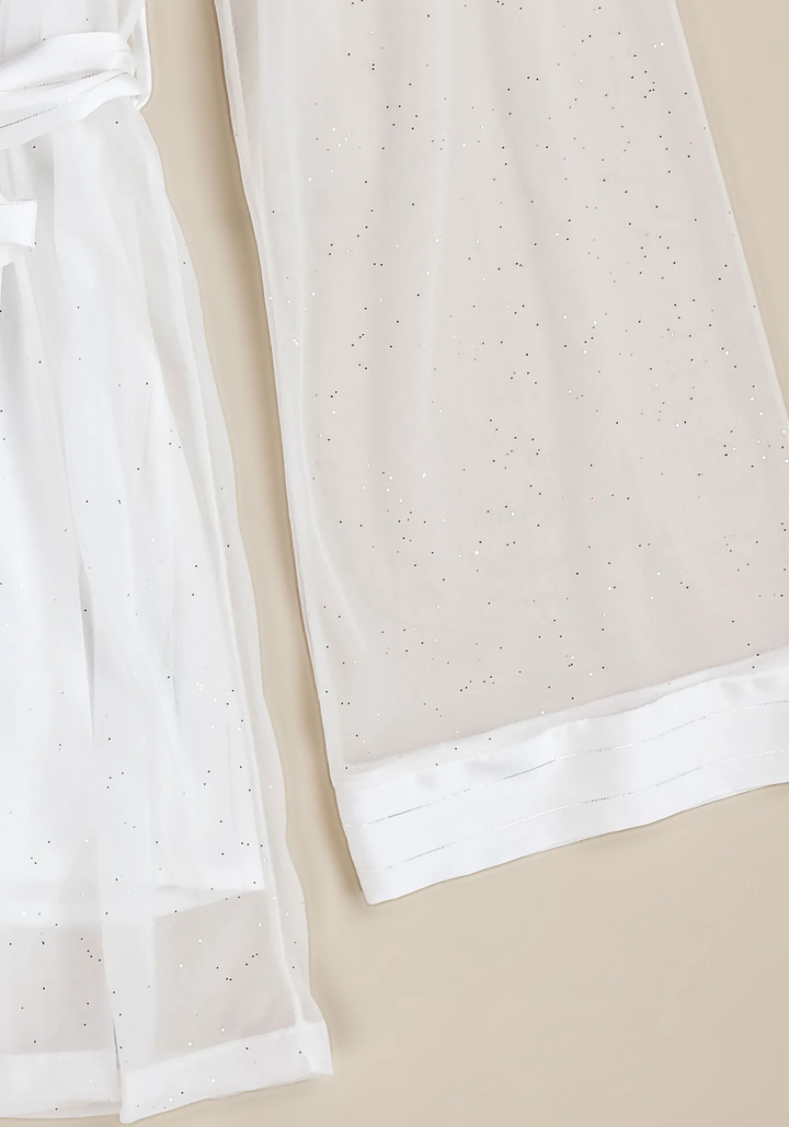 Bridal 3 Pieces Pajama: Satin Striped Strap Top And Pant And Schiffon Kimono