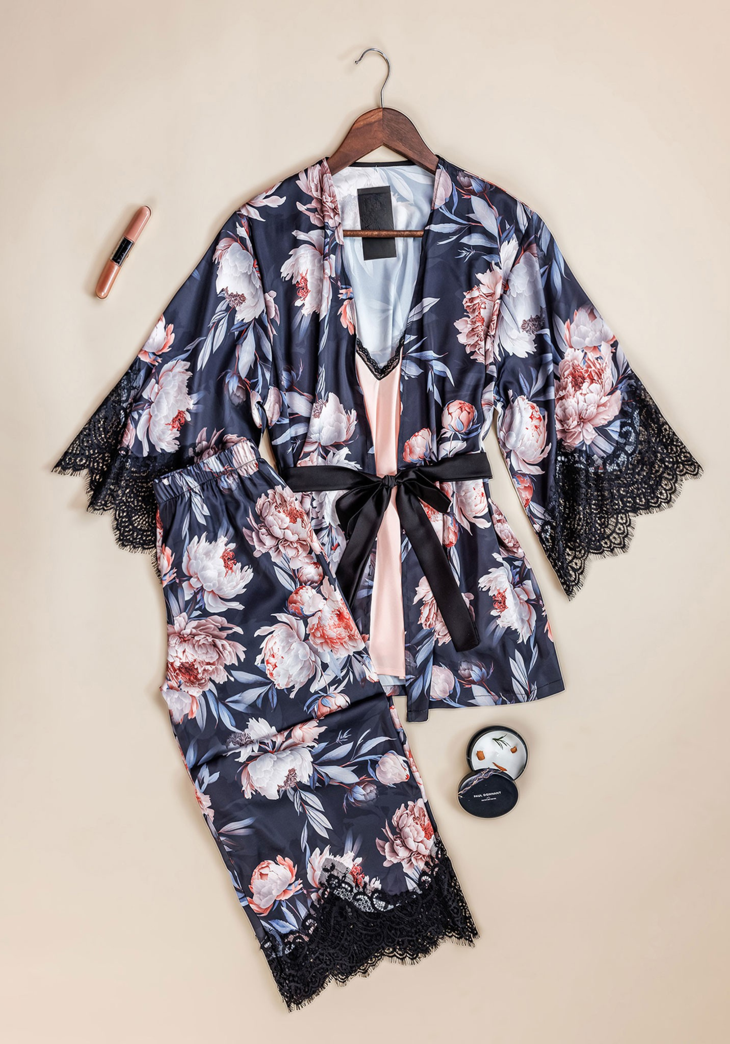 Satin 3 Pieces Set: Plain Top And Floral Printed Pant And Kimono All With Lace Detail