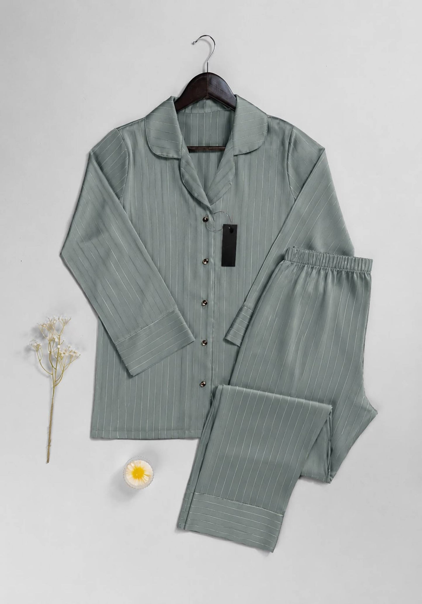 Lingerie Pajama: Satin Striped Collar Button Long Sleeve Top And Pant
