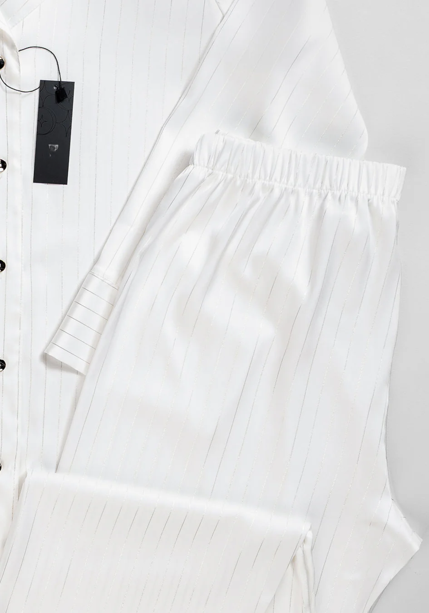 Lingerie Pajama: Satin Striped Collar Button Long Sleeve Top And Pant